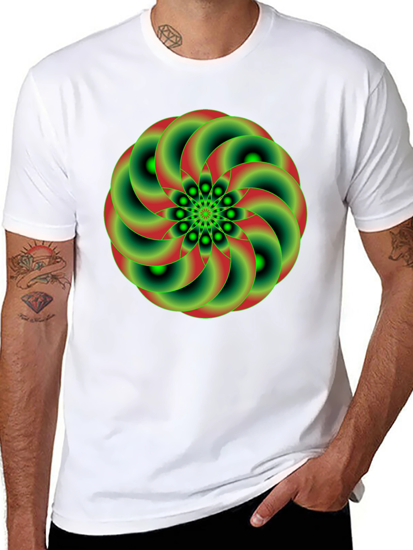 Black Geometric Green & Red Swirl Graphic Tee view 8