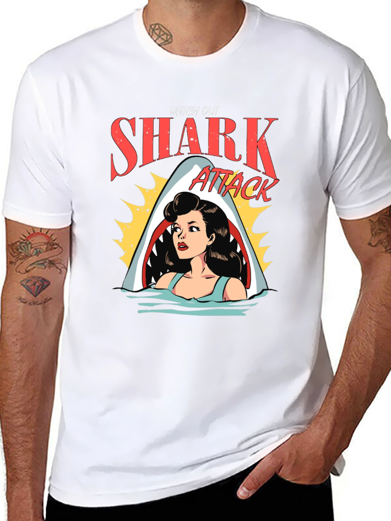 Black Shark Attack Cartoon Graphic Black T-Shirt view 8
