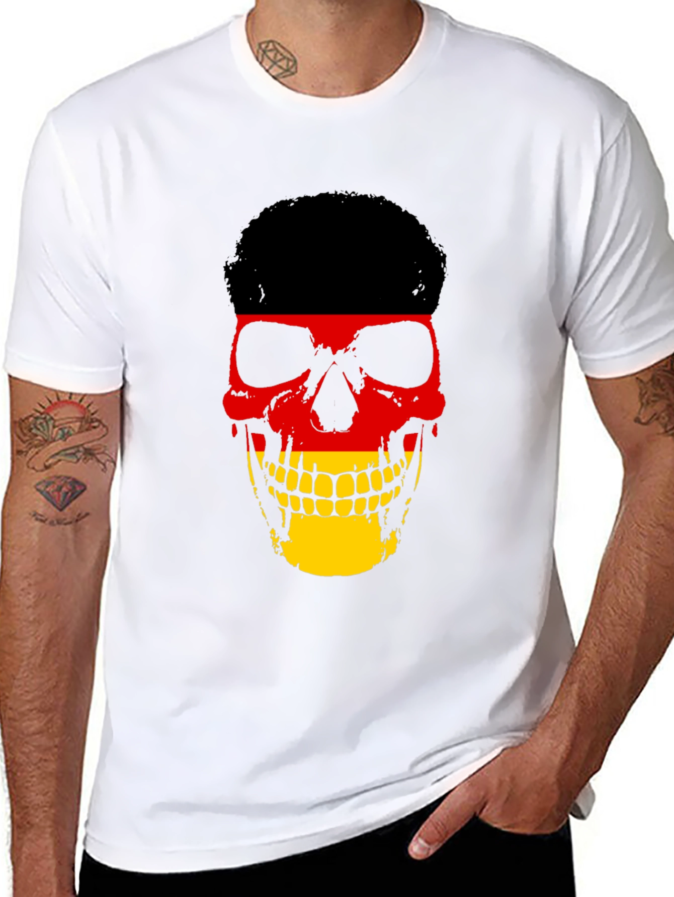 Black German Flag Skull Graphic Tee - Black Cotton T-Shirt view 8