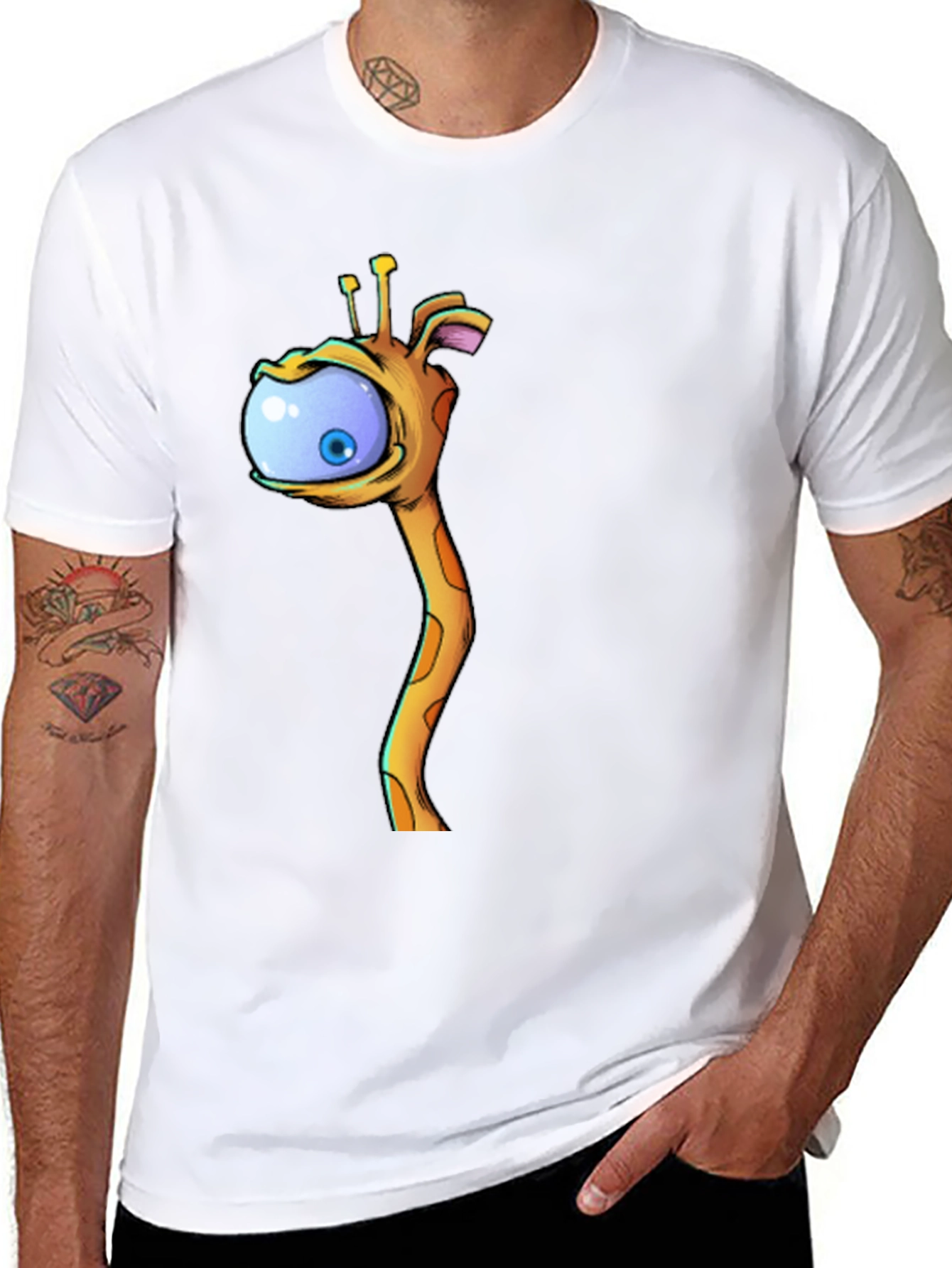 Black Cartoon Giraffe Eye T-Shirt - Black Cotton Tee view 8