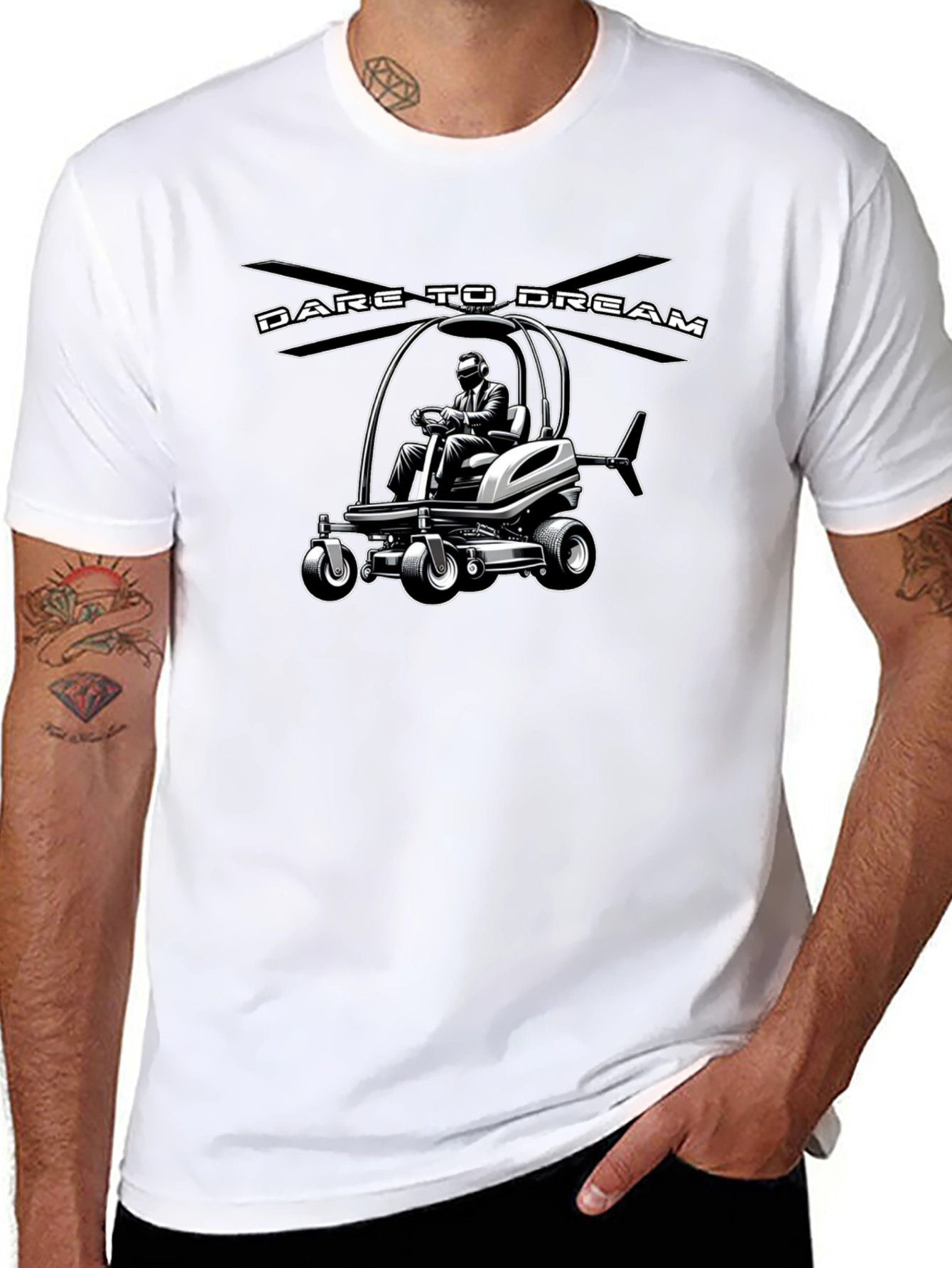 Black Dare to Dream Lawn Mower Helicopter T-Shirt view 8