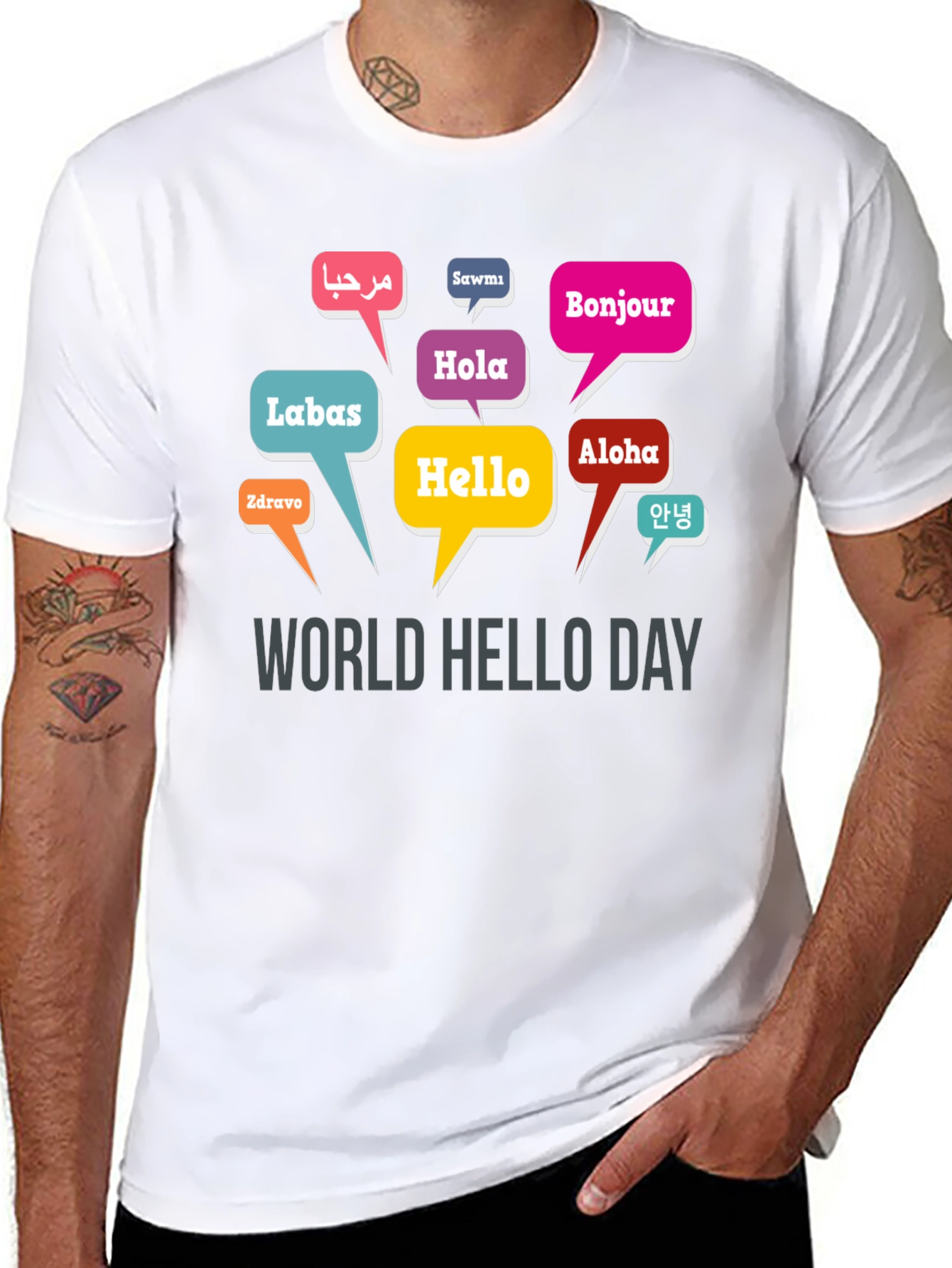 Black World Hello Day T-Shirt - Multilingual Greetings view 8