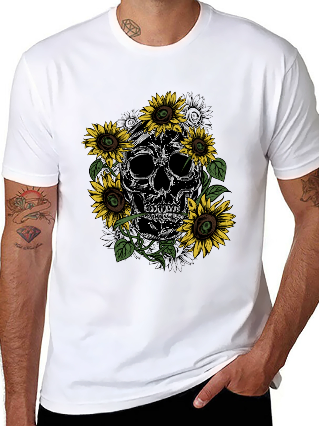 Black Skull & Sunflower Graphic Tee - Men's Black T-Shirt view 8