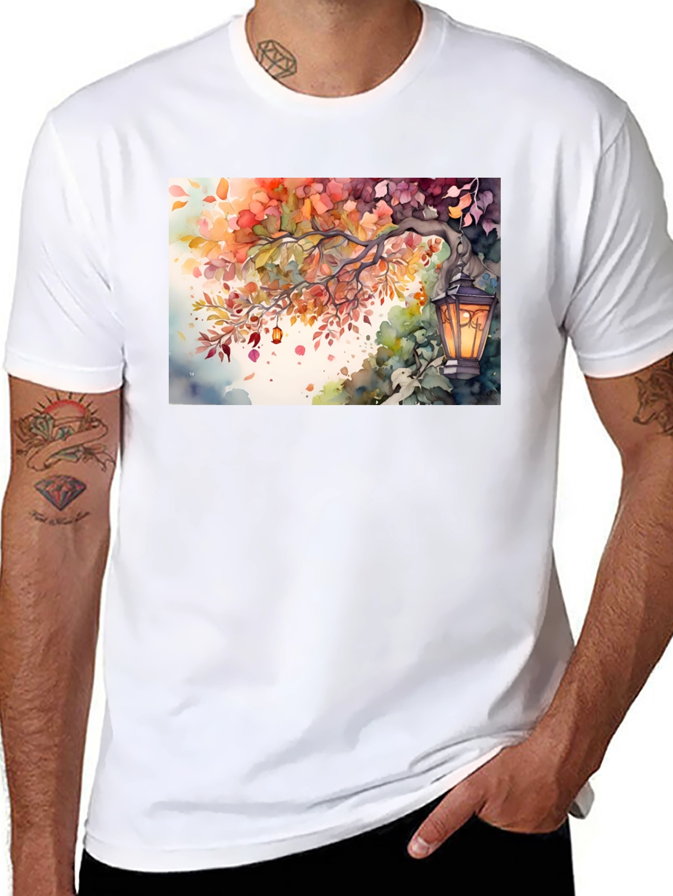 Black Watercolor Autumn Scene T-Shirt view 8