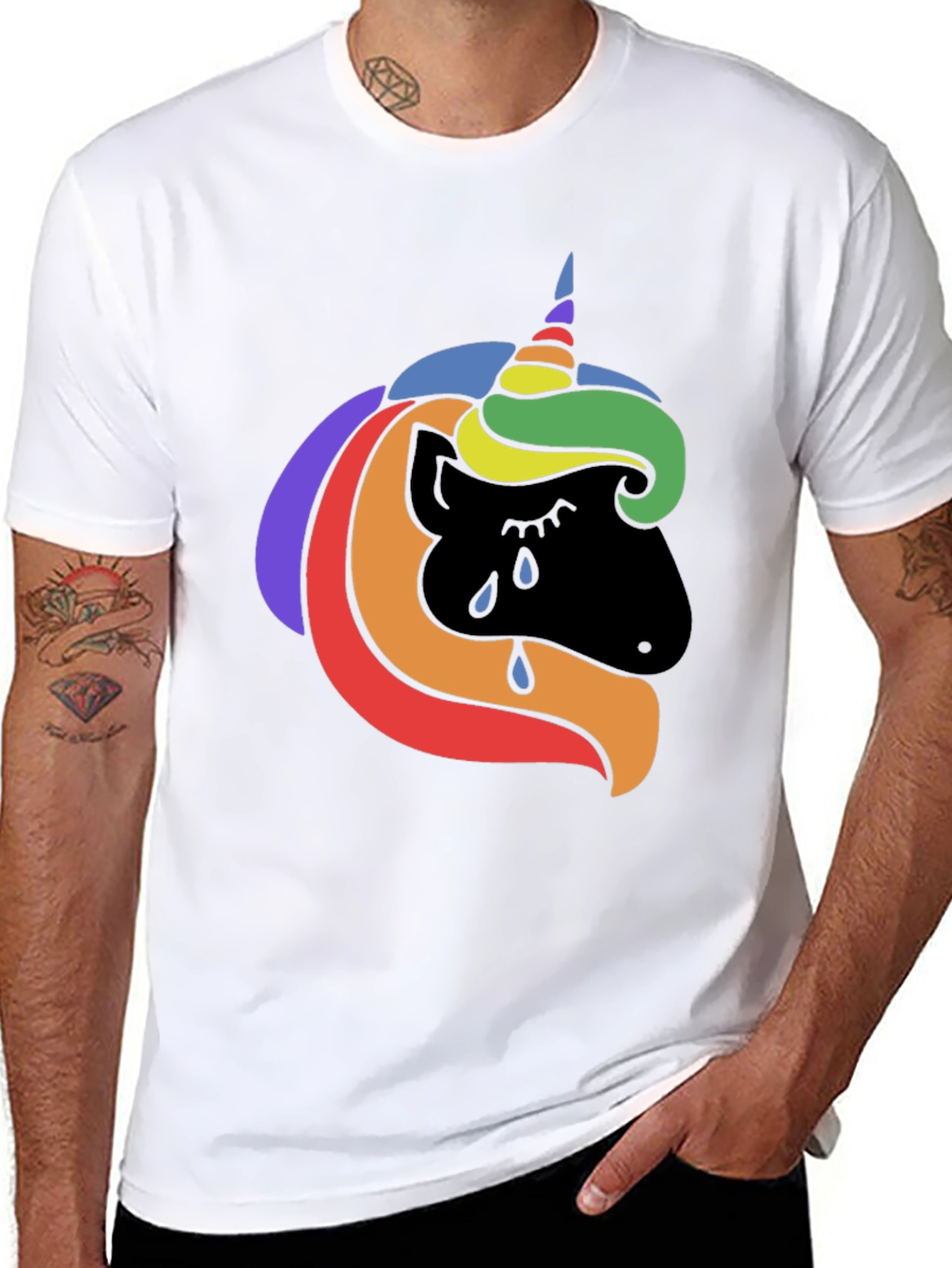 Black Rainbow Unicorn Crying Black T-Shirt view 8