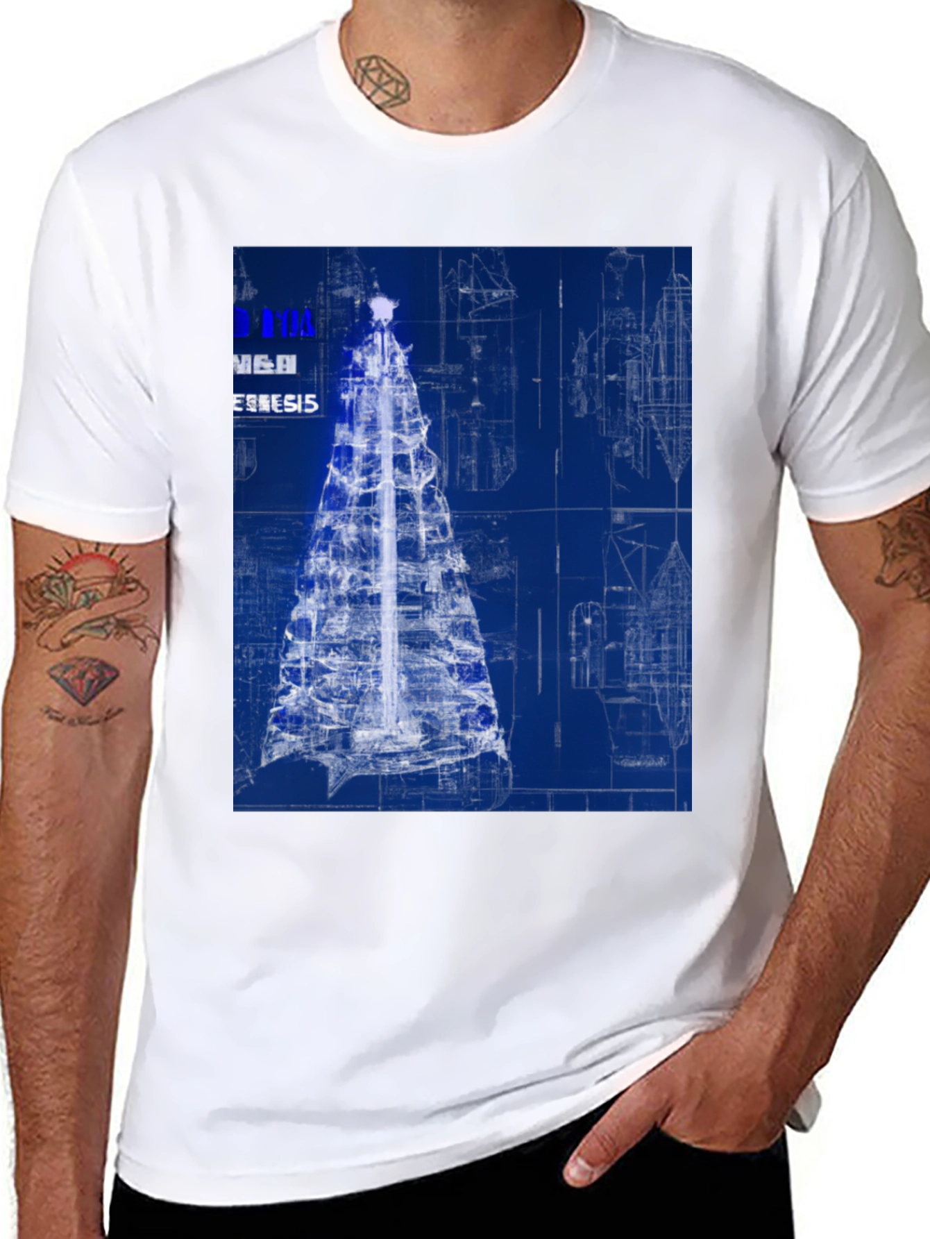 Black Blueprint Christmas Tree Graphic Tee view 8