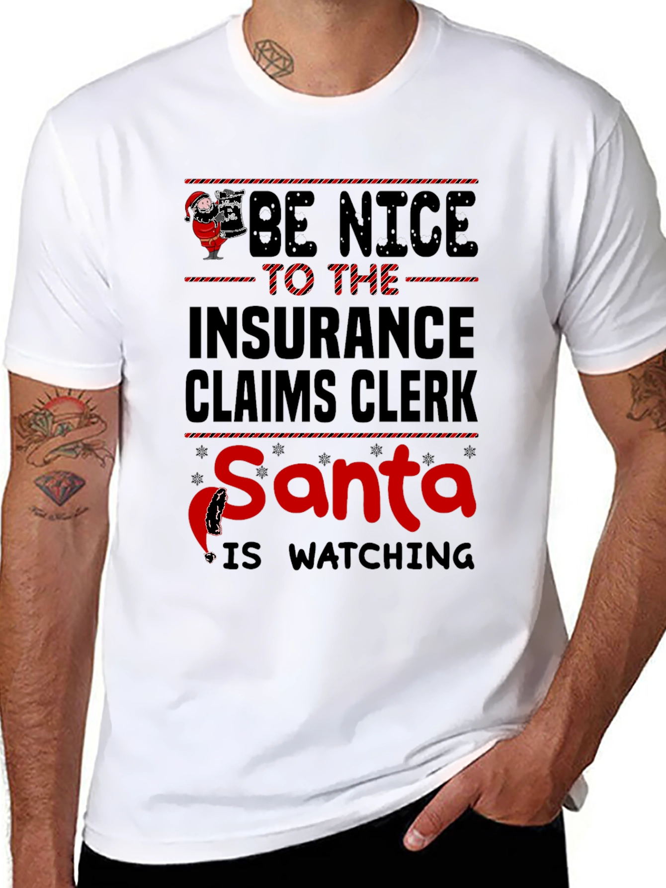 Black Insurance Claims Clerk Santa Watching T-Shirt view 8