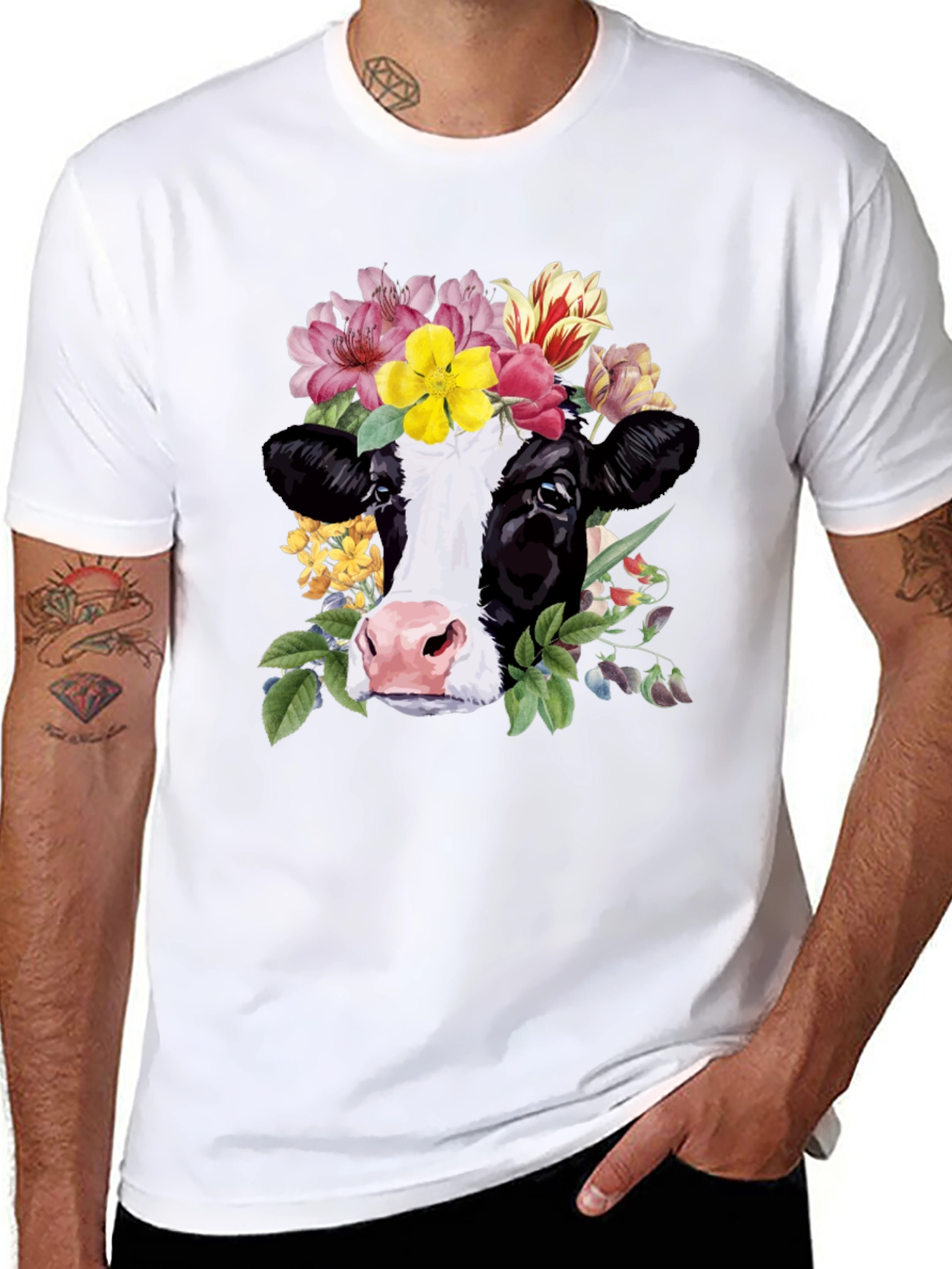 Black Floral Cow Graphic Tee - Unisex Black T-Shirt view 8
