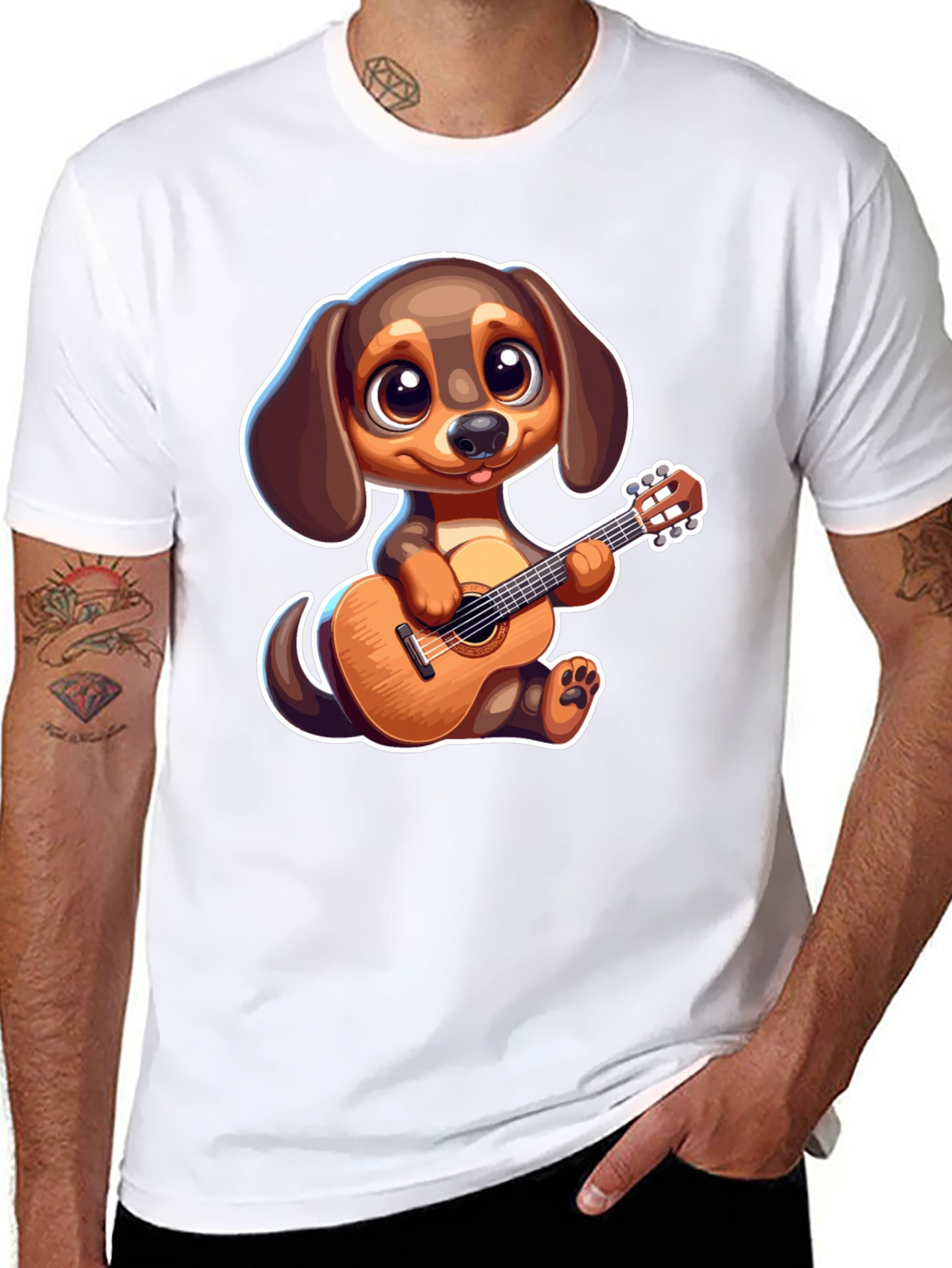 Black Cartoon Dog Playing Guitar T-Shirt view 8