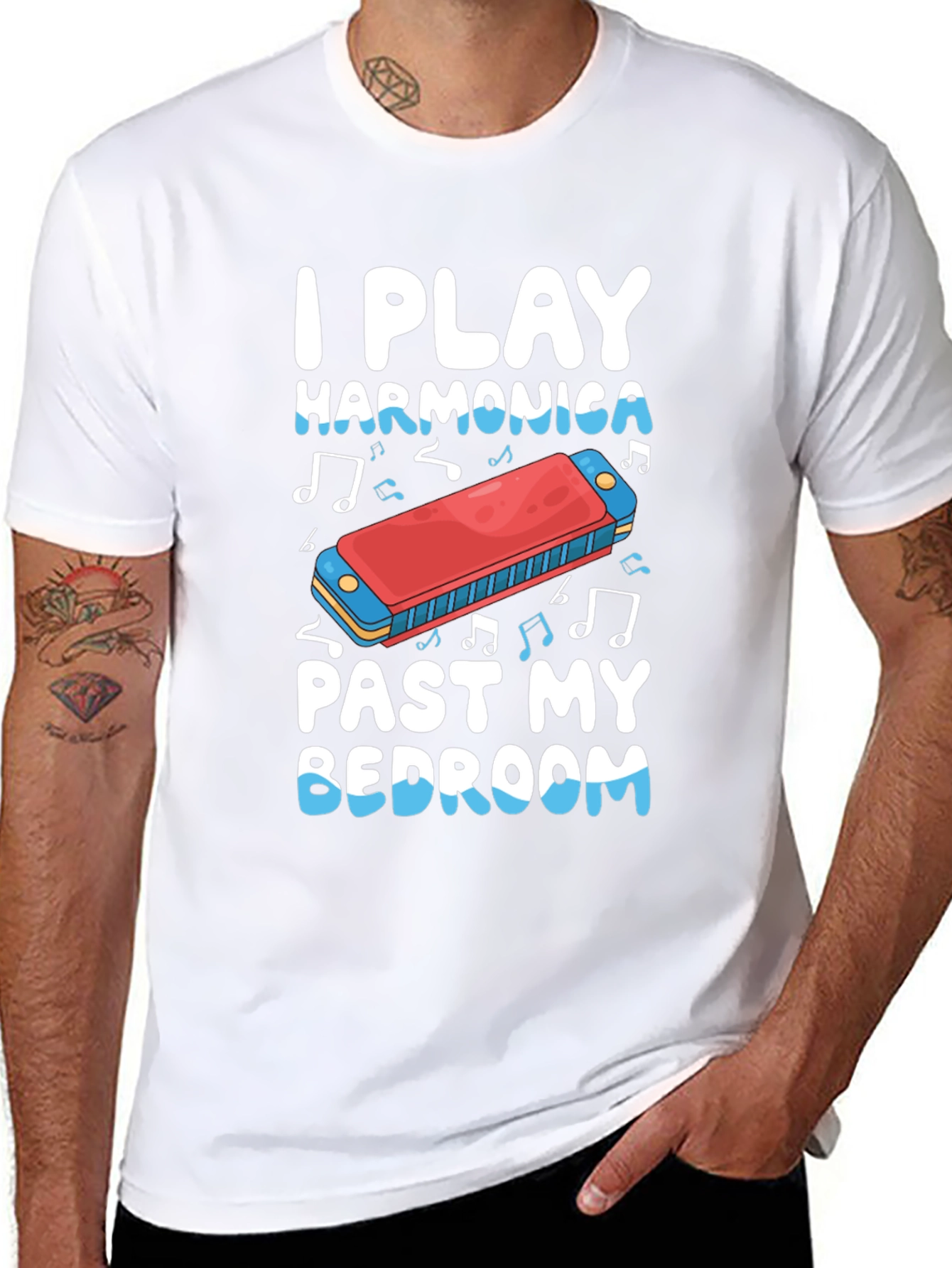 I Play Harmonica Past My Bedroom Black T-Shirt - 8