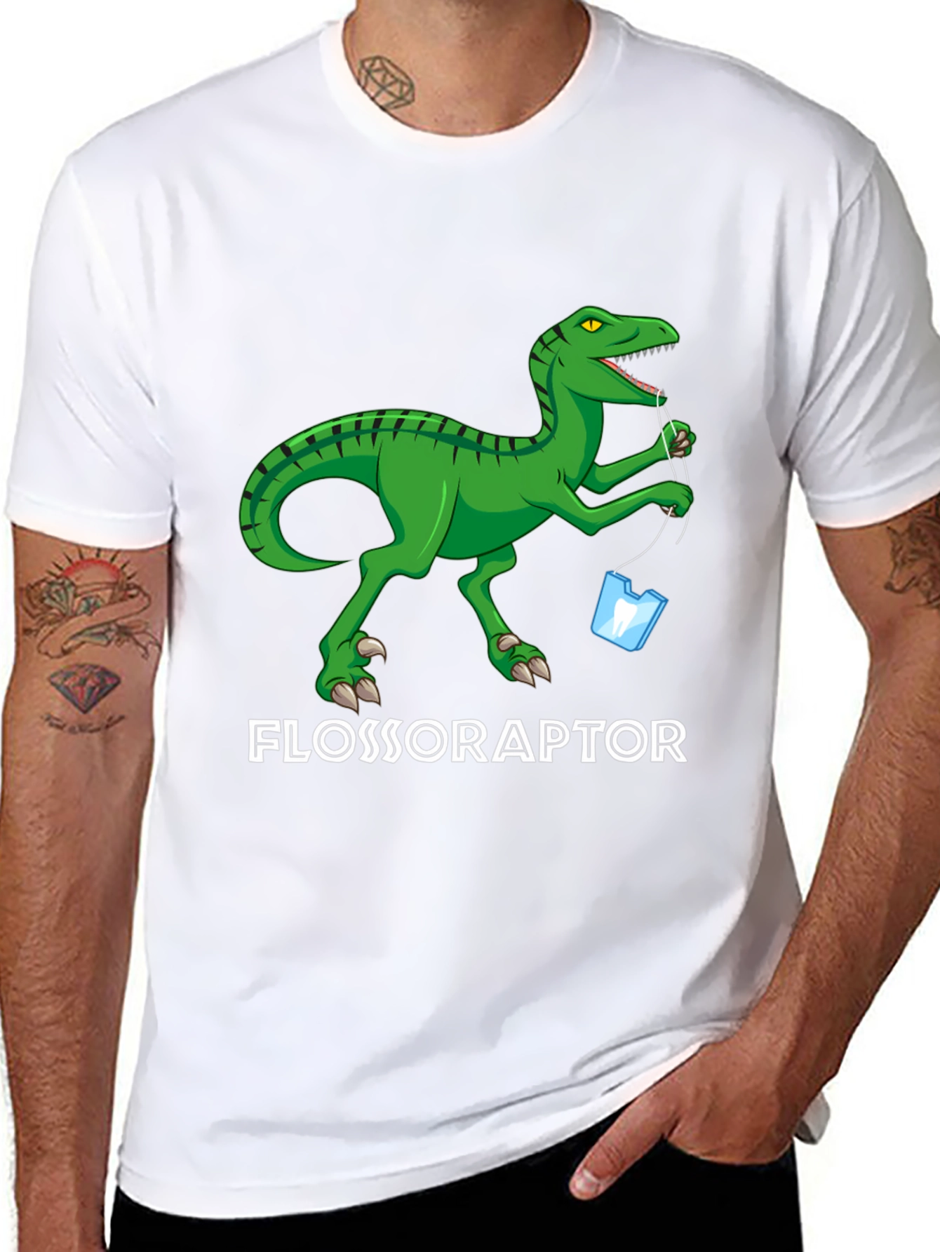 Black Flossoraptor Graphic Tee - Dental Humor Dinosaur T-Shirt view 8