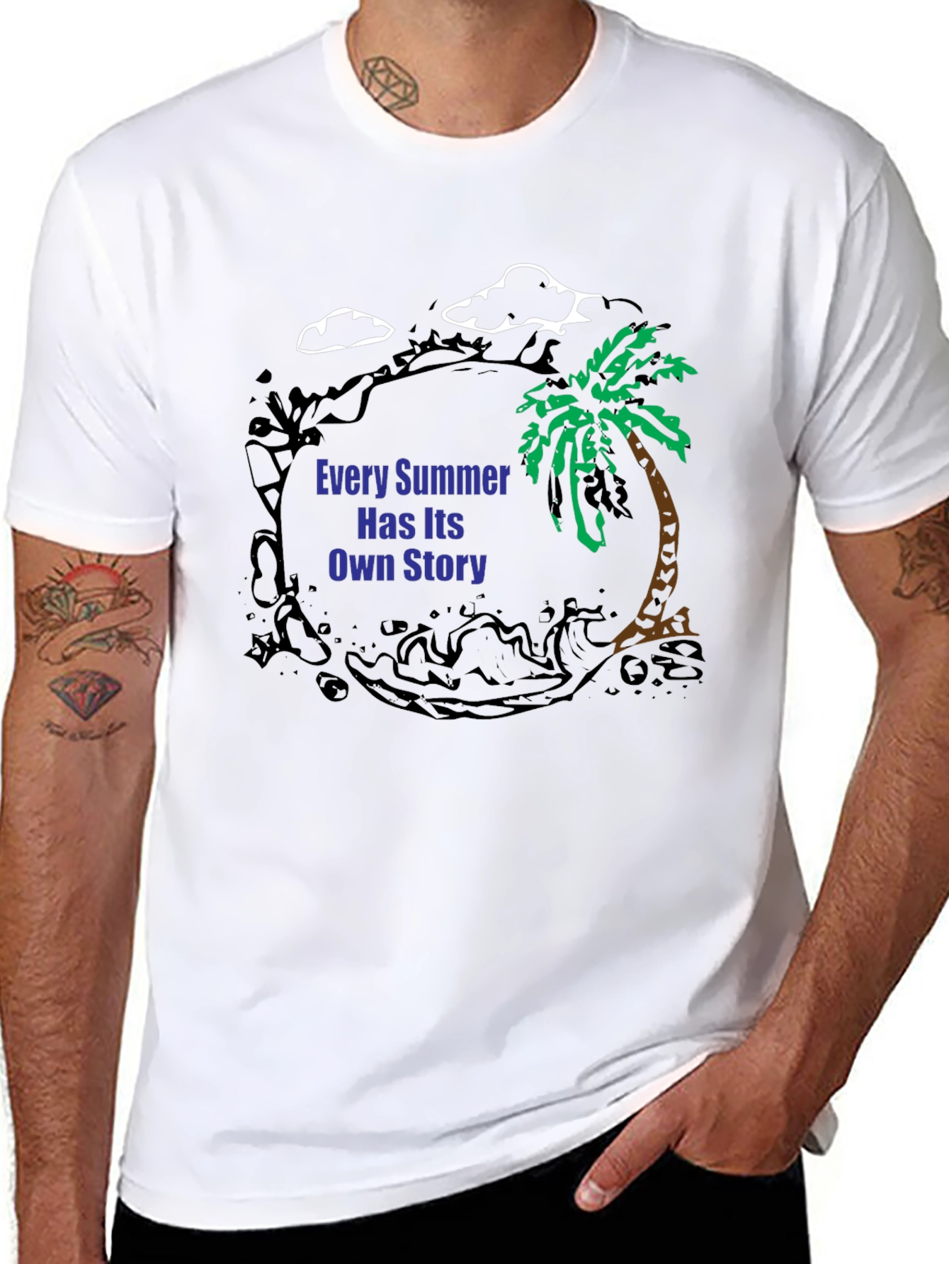 Black Summer Story Black T-Shirt: Palm Tree Design view 8