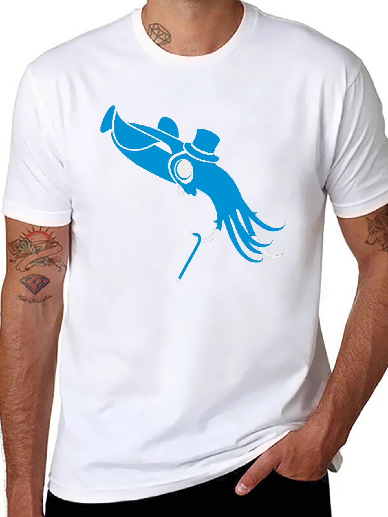 Black Blue Octopus Top Hat Cane T-Shirt - Unique Design view 8