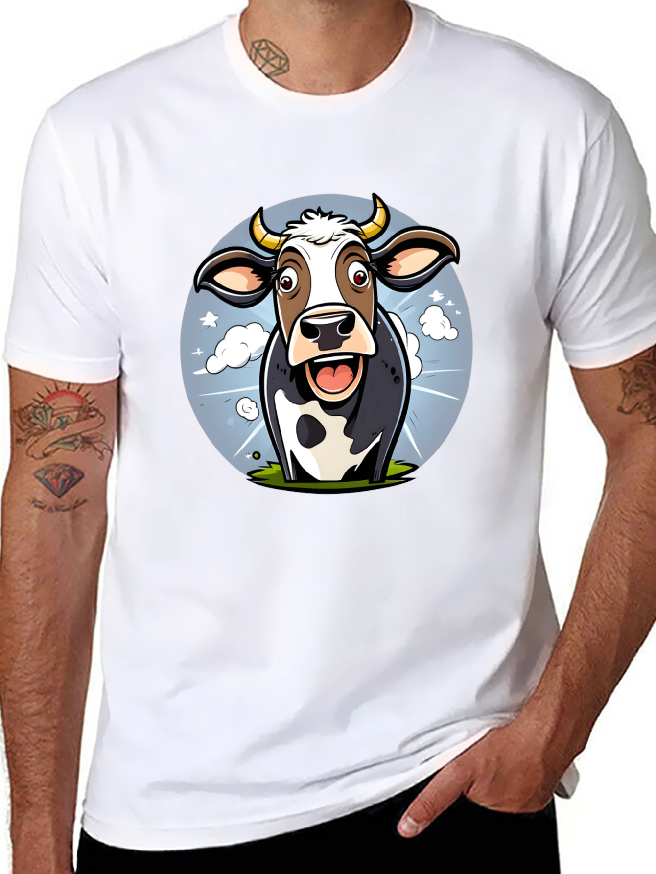 Black Funny Cow Cartoon Graphic Print Black T-Shirt view 8