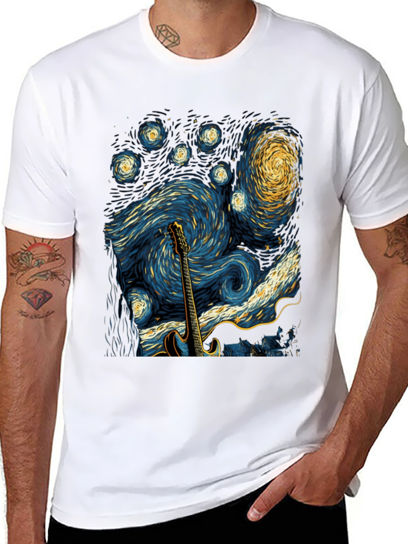 Black Starry Night Guitar T-Shirt view 8