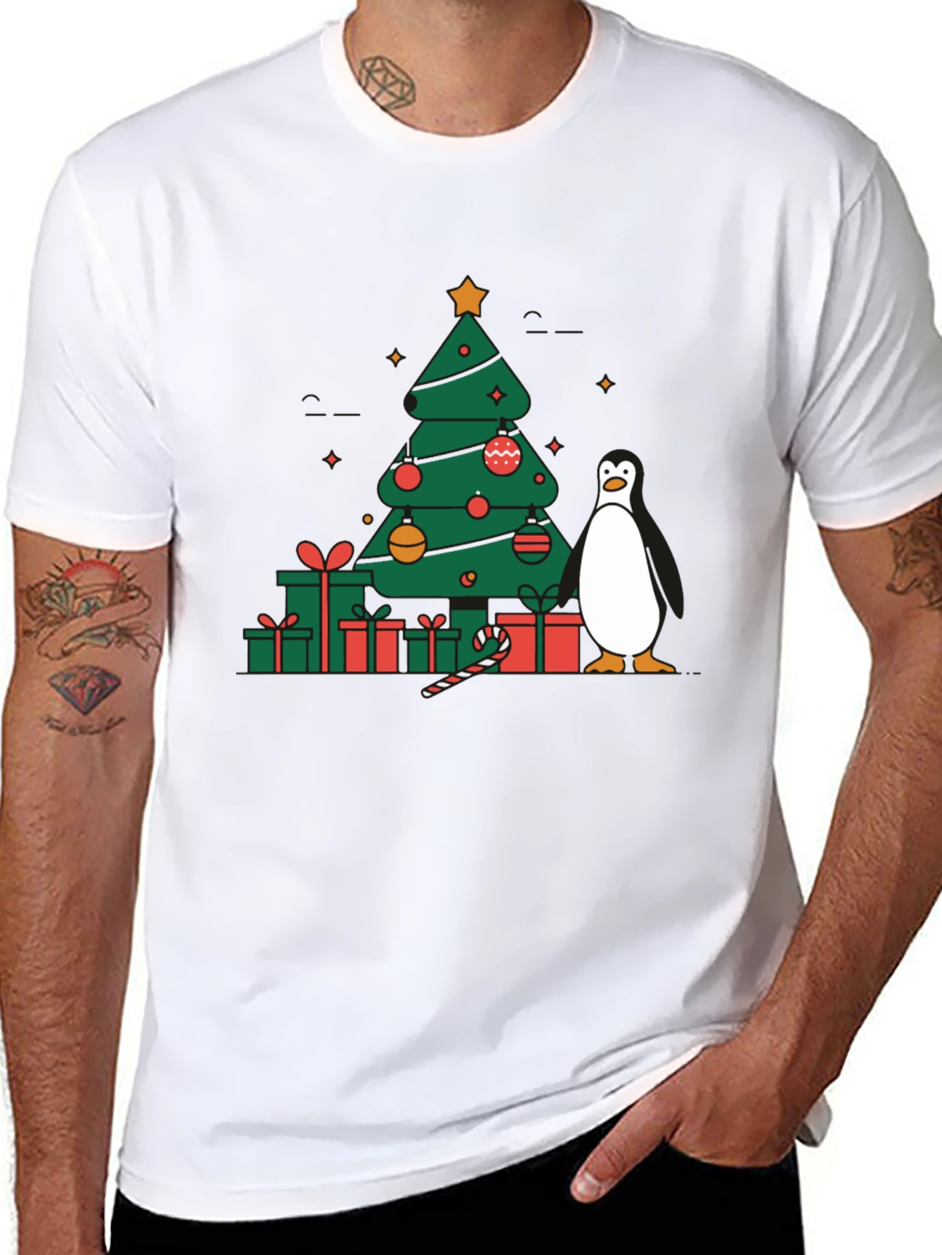 Black Festive Christmas Tree & Penguin Graphic Tee view 8