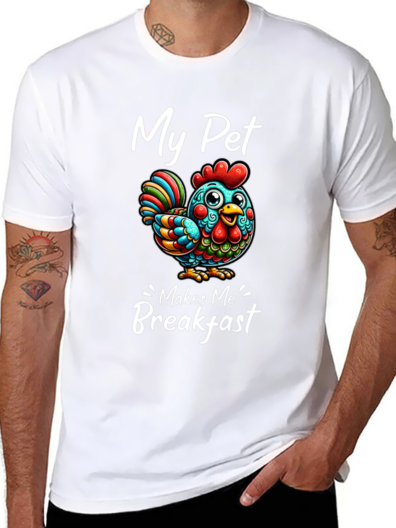 Black Funny Chicken T-Shirt - "My Pet Makes Me Breakfast" view 8