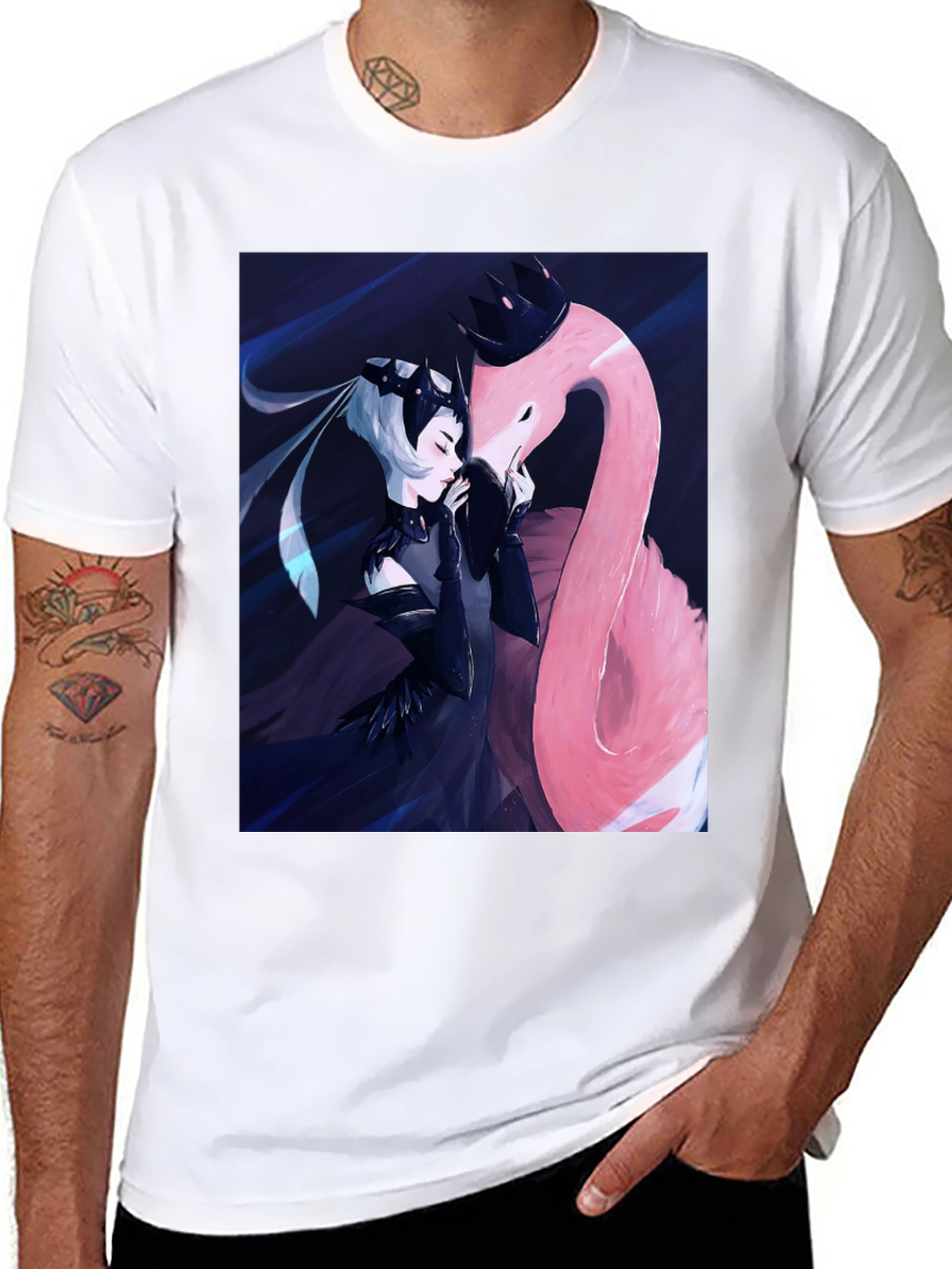 Black Black T-Shirt with Fantasy Flamingo Design view 8