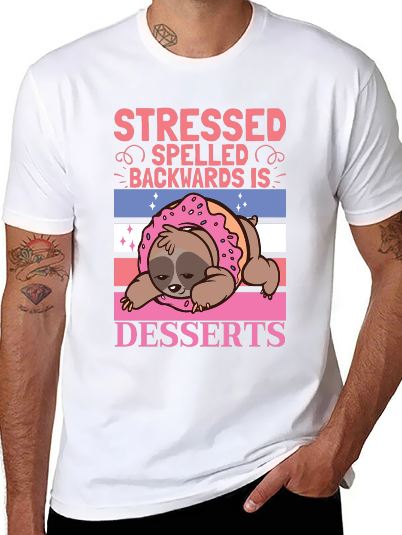 Black Stressed Backwards Desserts Sloth T-Shirt view 8