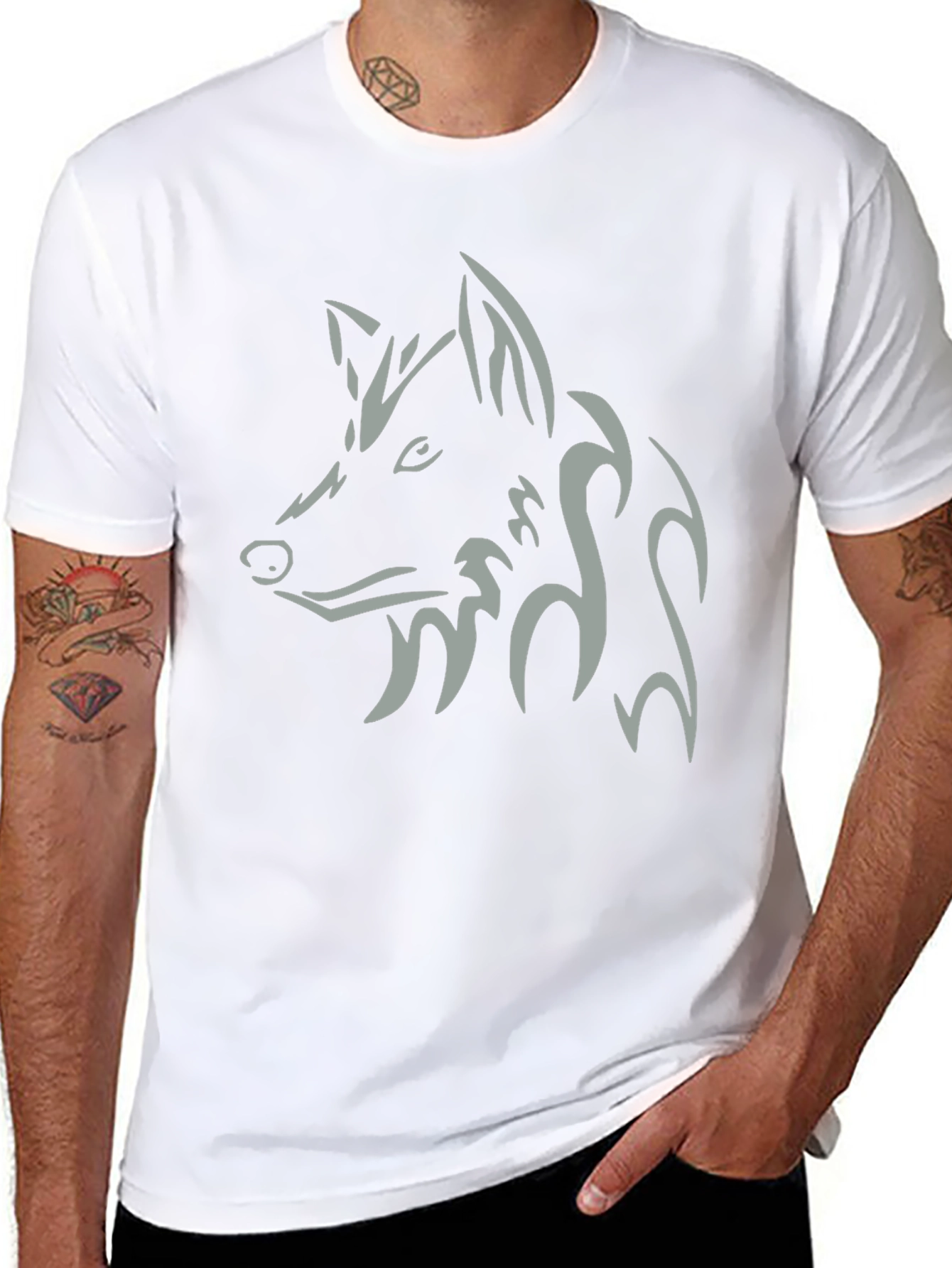 Men's Black T-Shirt with Tribal Wolf Design - 8