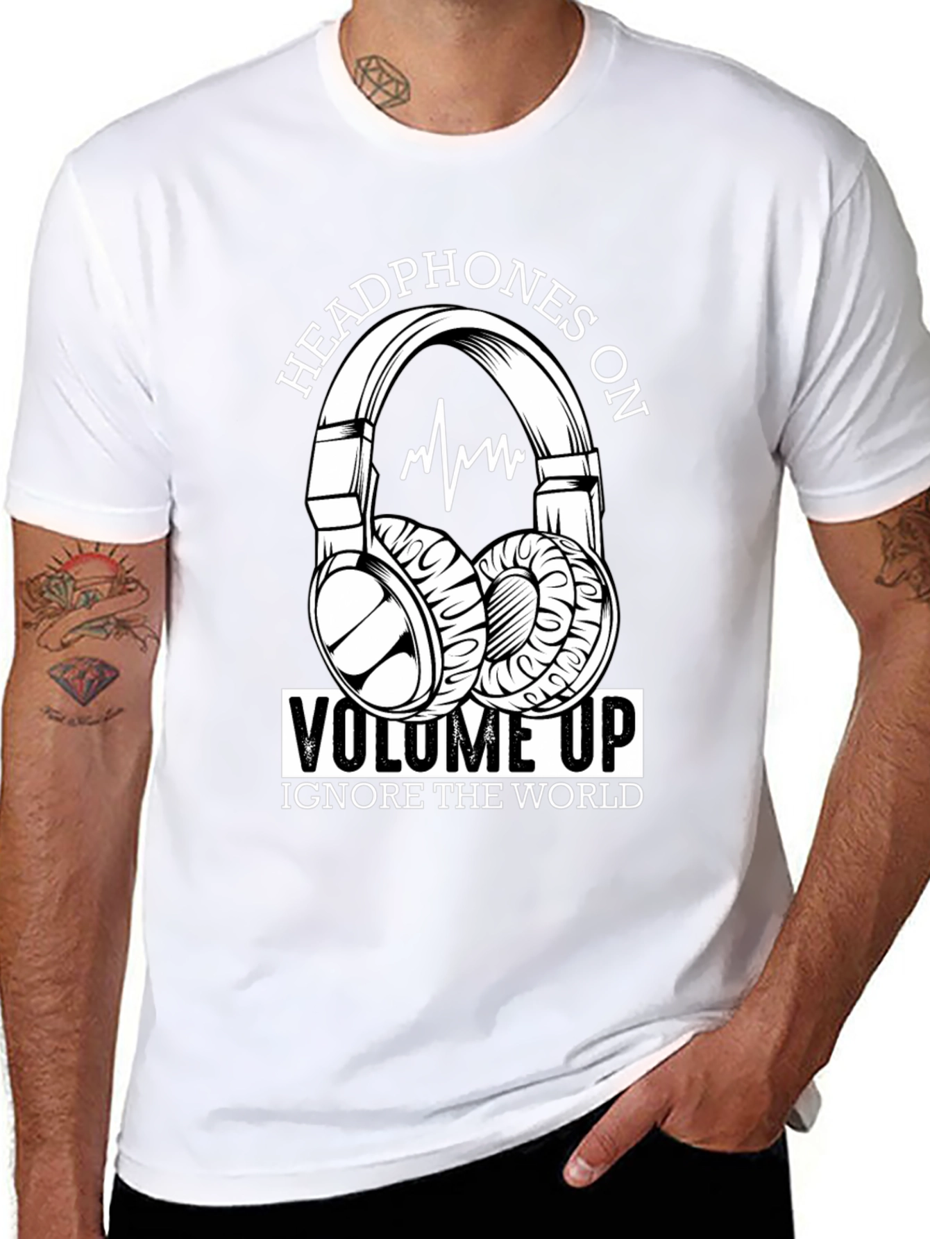 Black Headphones On Volume Up Black T-Shirt view 8