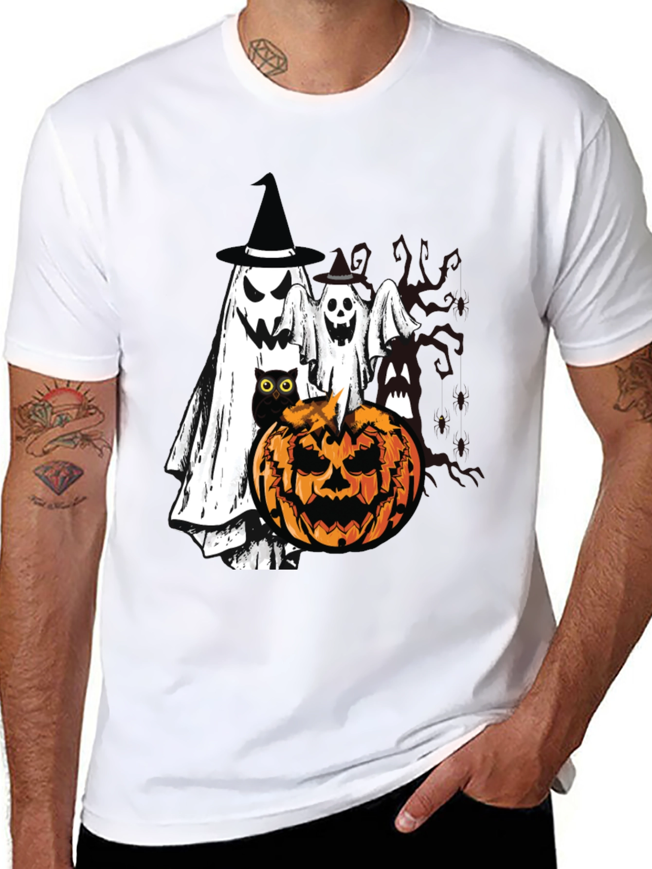 Black Halloween Ghost & Pumpkin T-Shirt view 8