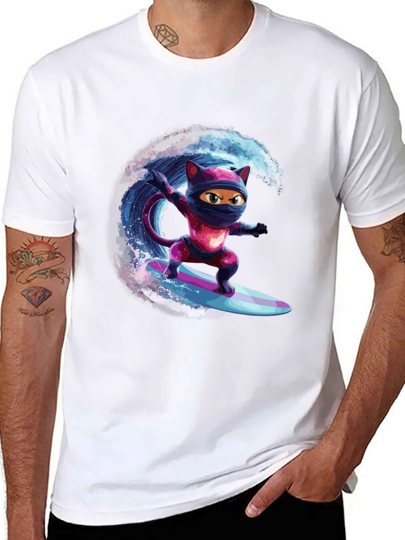 Black Ninja Cat Surfing T-Shirt - Cool Graphic Tee view 8
