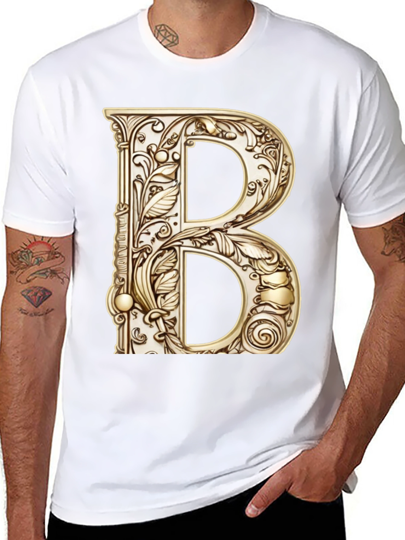 Black Ornate Initial B Graphic Tee - Black Cotton Blend view 8