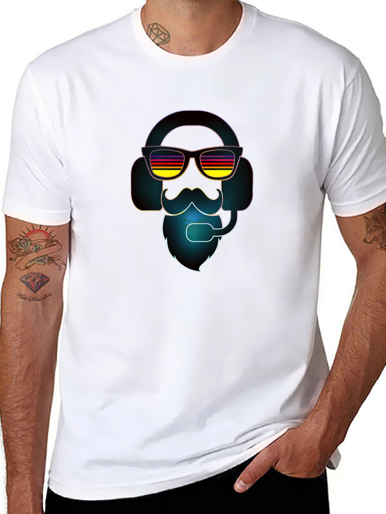 Black Retro Gamer T-Shirt - Headset, Beard, Sunglasses view 8