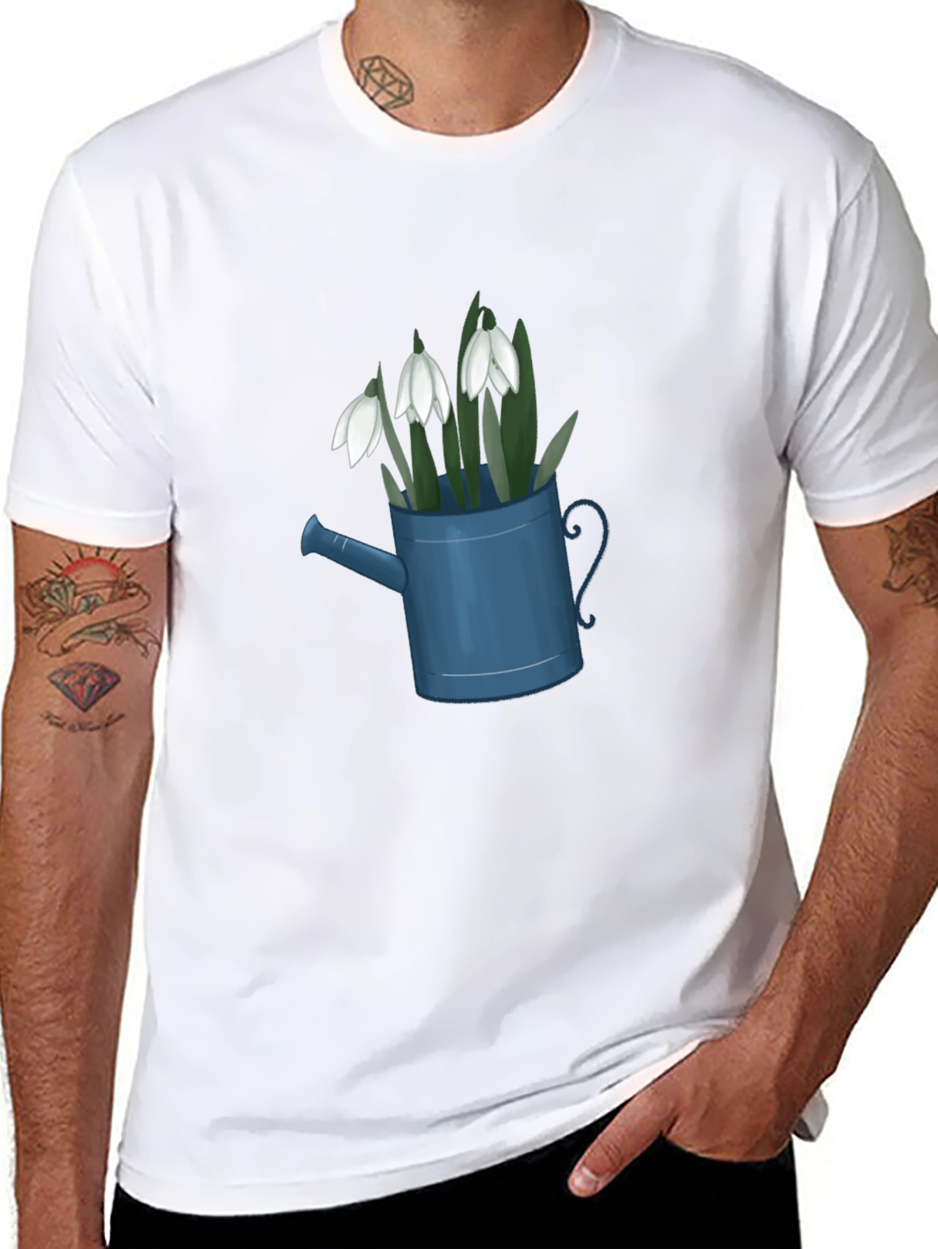 Black Snowdrop Flowers in Watering Can Black T-Shirt view 8
