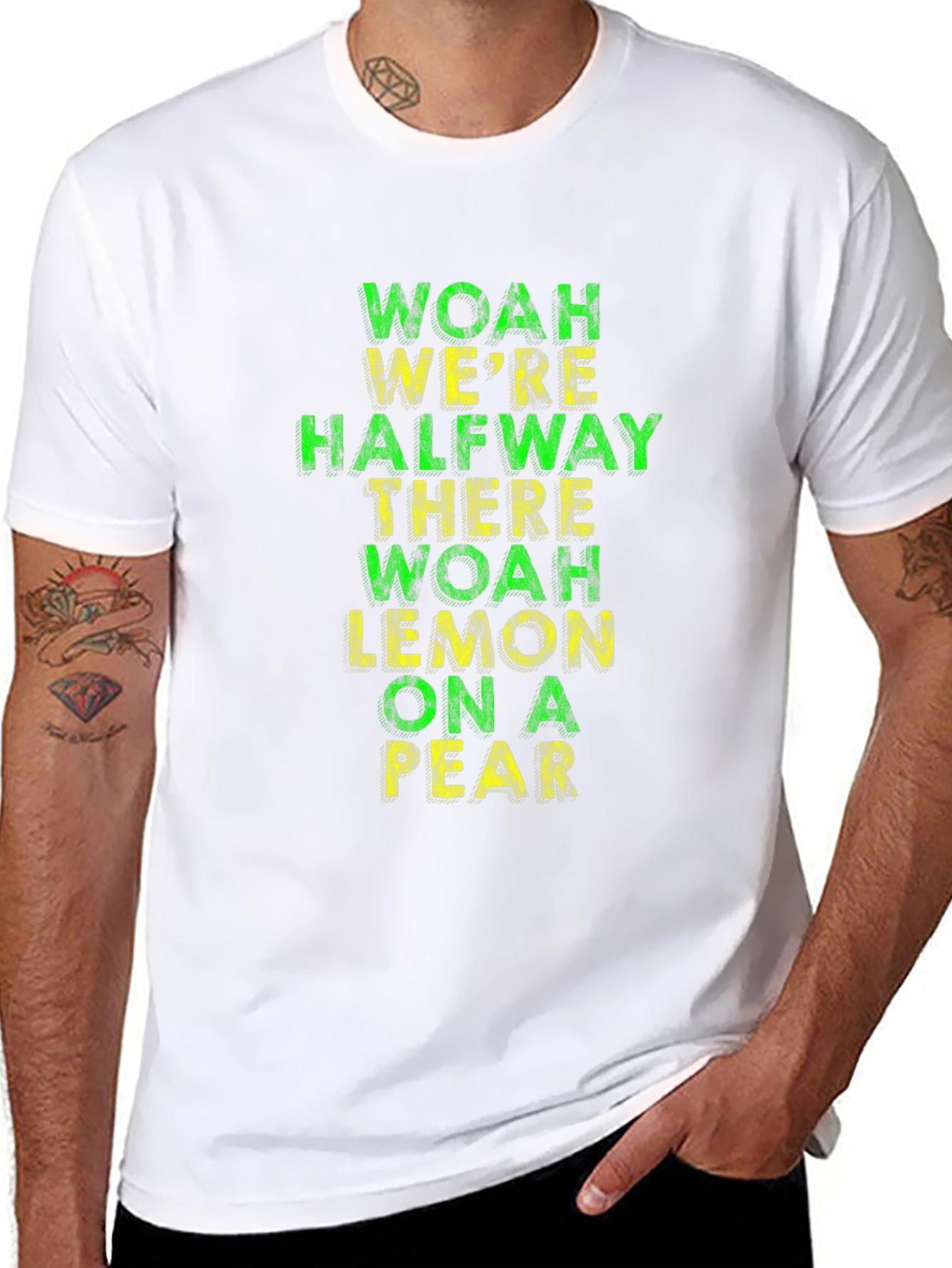 Black Funny T-Shirt: Woah We're Halfway There Lemon On A Pear view 8