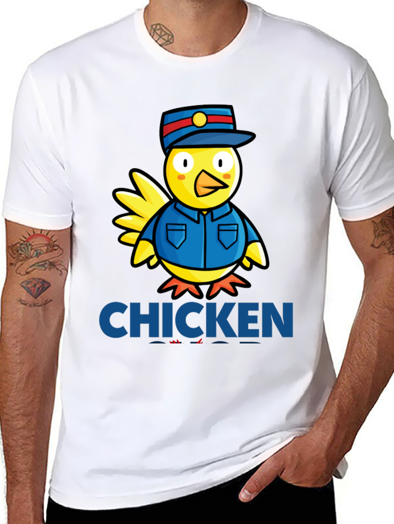 Black Chicken Officer Graphic Tee - Funny Cartoon Bird T-Shirt view 8