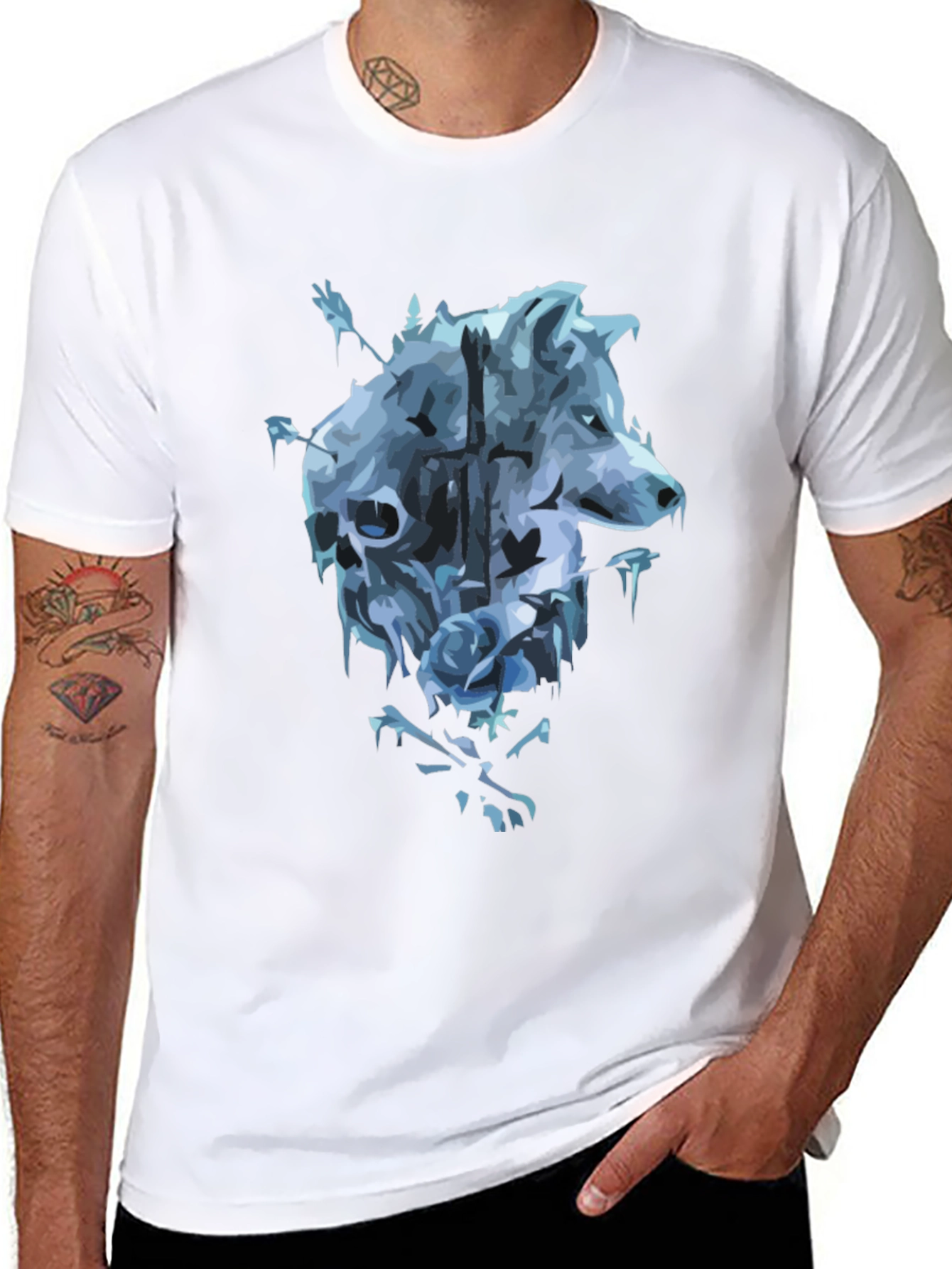 Black Wolf Skull Rose Graphic T-Shirt - Men's Black Tee view 8