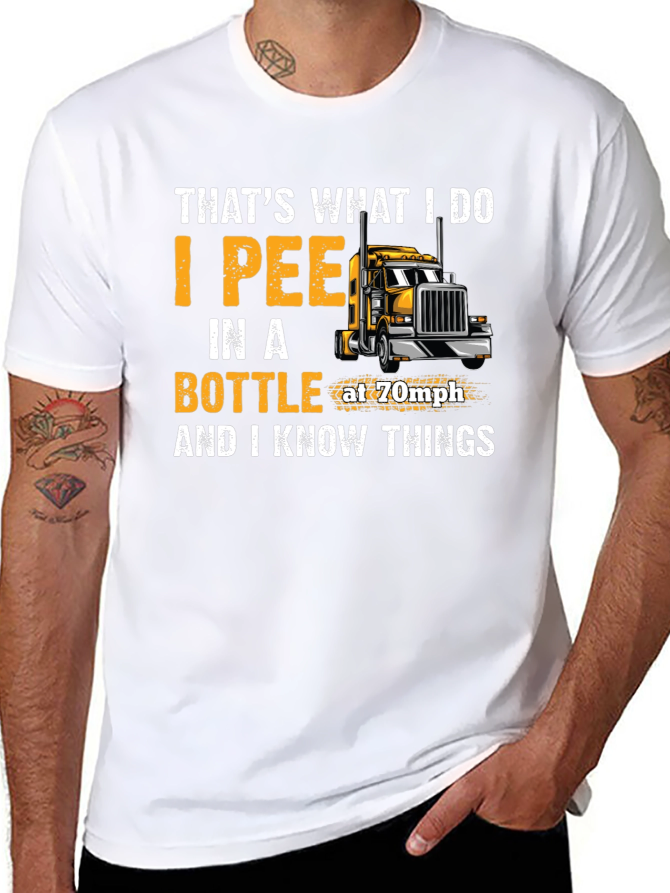 Black I Pee in a Bottle at 70mph Trucker T-Shirt view 8