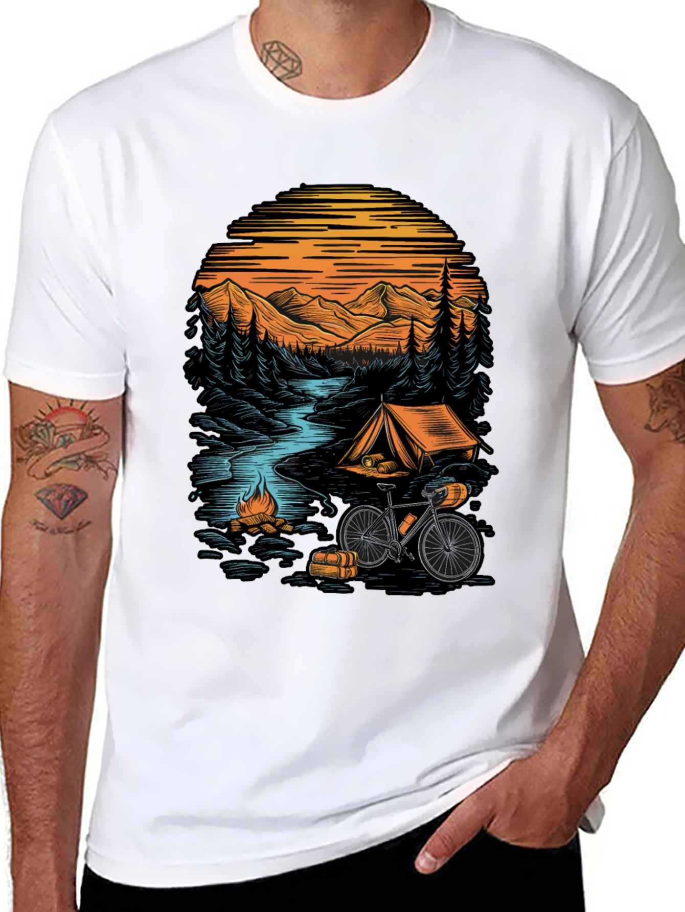 Black Adventure Camping T-Shirt - Mountain & Bicycle Design view 8