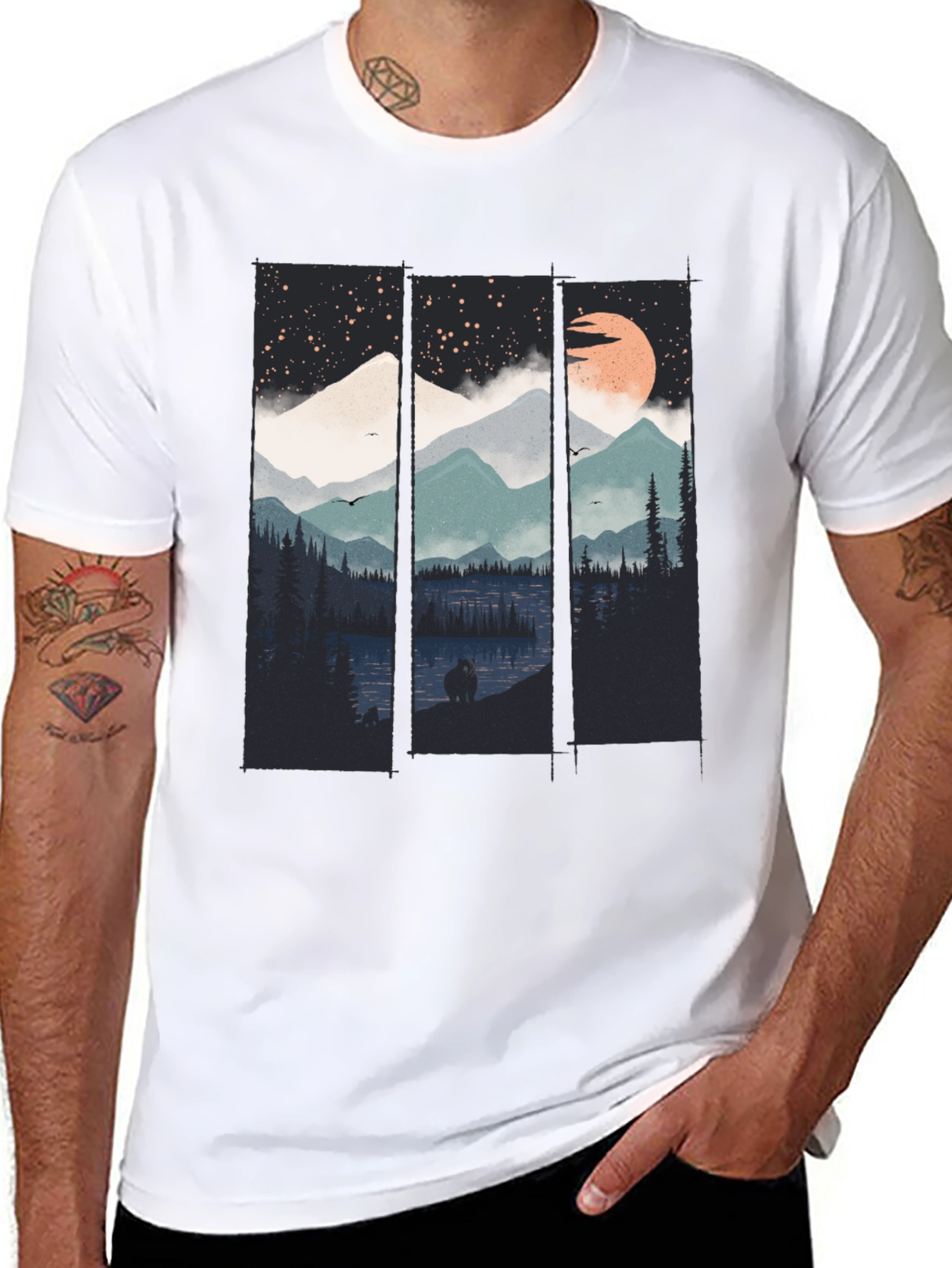 Night Sky Mountain Graphic Tee - Soft Black Cotton T-Shirt - 8