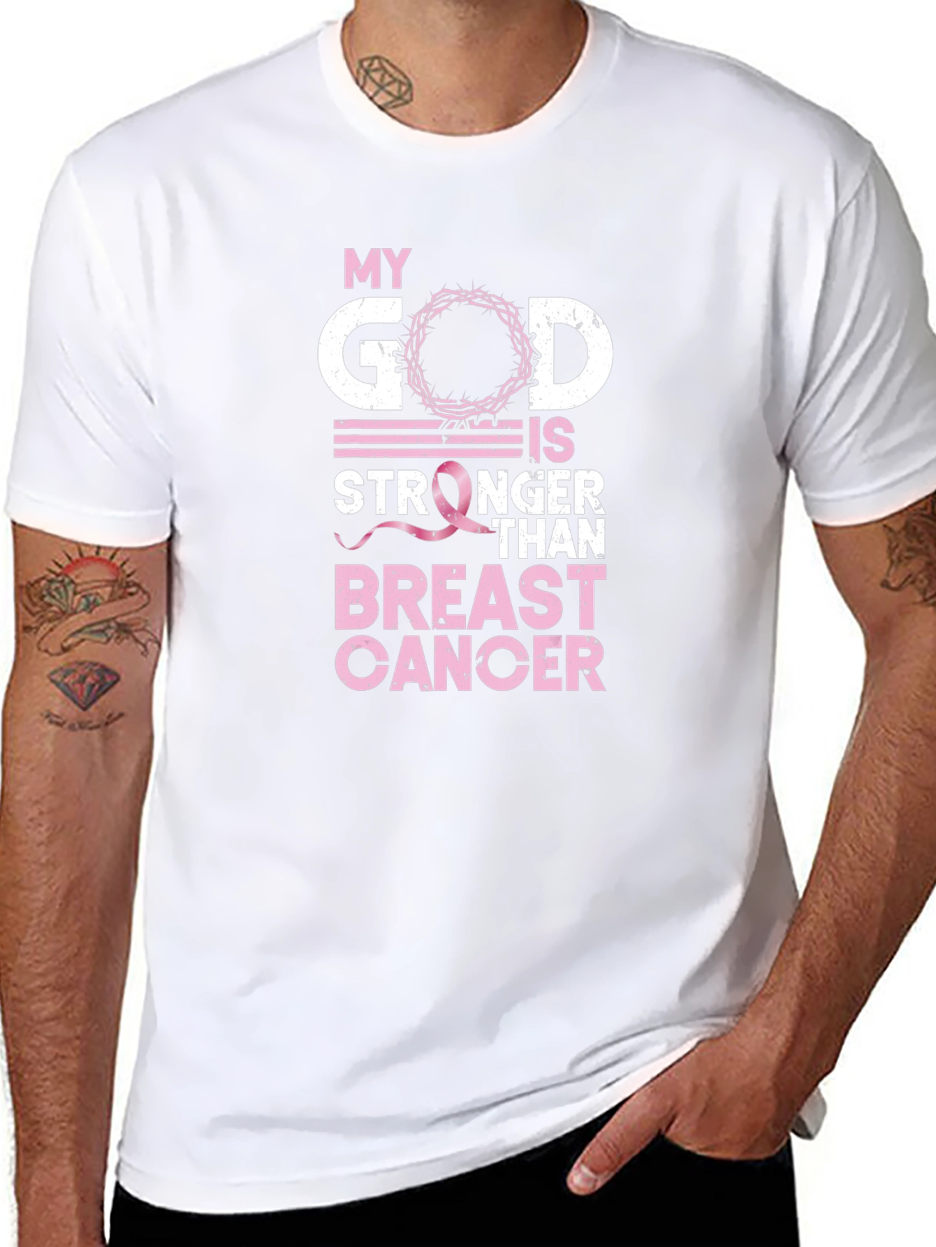 Black My God is Stronger Than Breast Cancer Awareness T-Shirt view 8