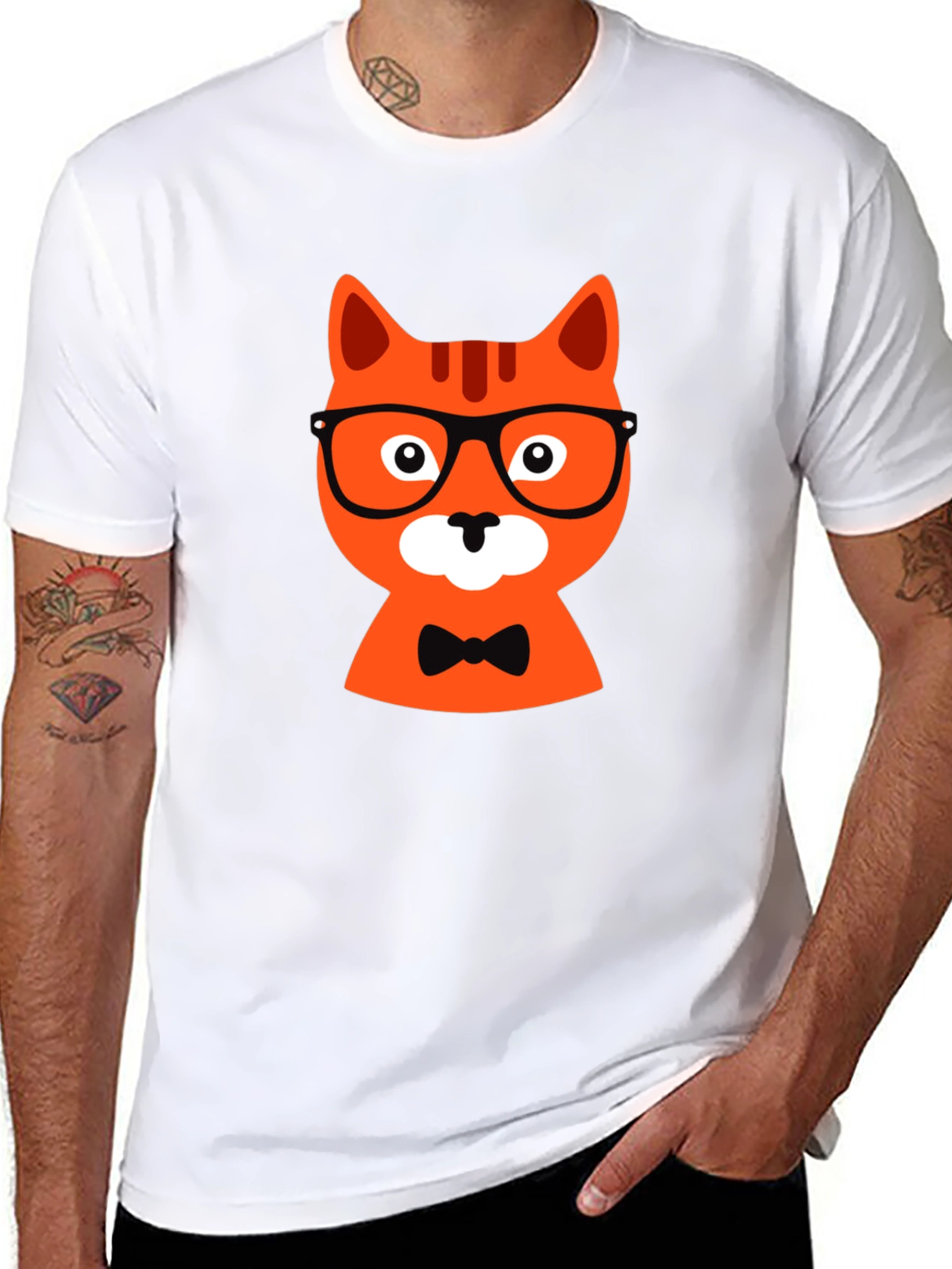 Black Black T-Shirt with Hipster Cat Graphic view 8