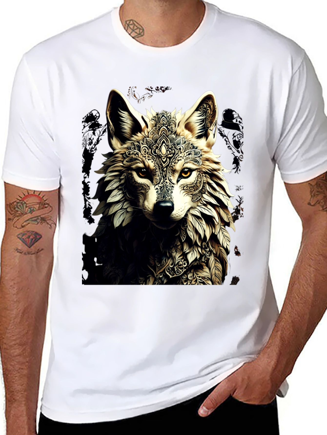 Black Wolf Mandala Graphic Tee - Stylish Black T-Shirt view 8
