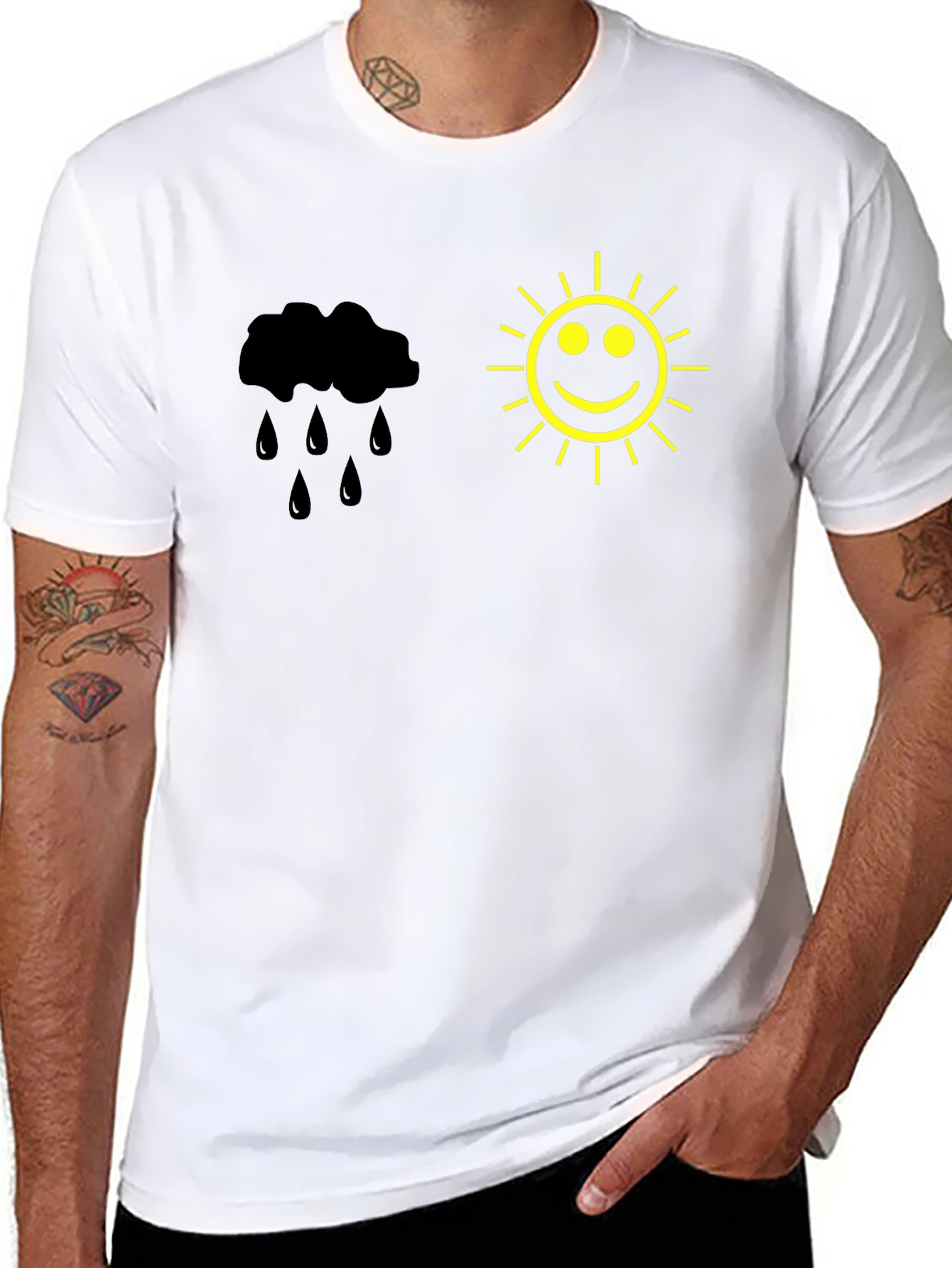 Black Weather Mood T-Shirt - Black Cotton Tee with Sun & Rain Design view 8