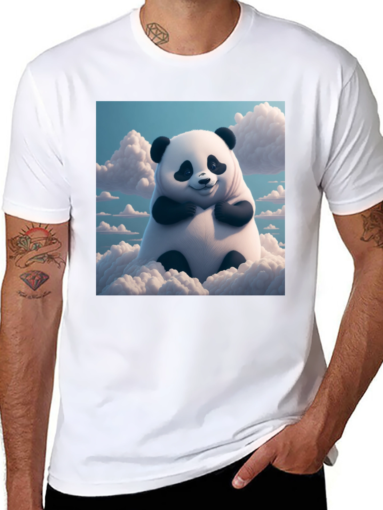 Black Cute Panda in Clouds Graphic Tee - Black Cotton T-Shirt view 8
