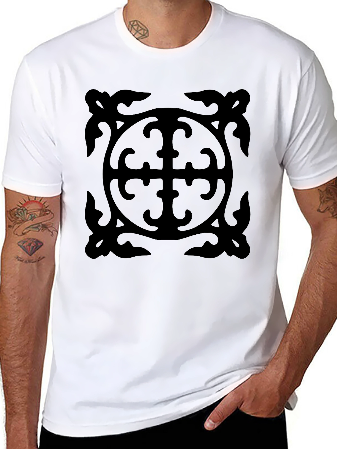 Black Black Graphic Tee - Ornate Cross Design view 8