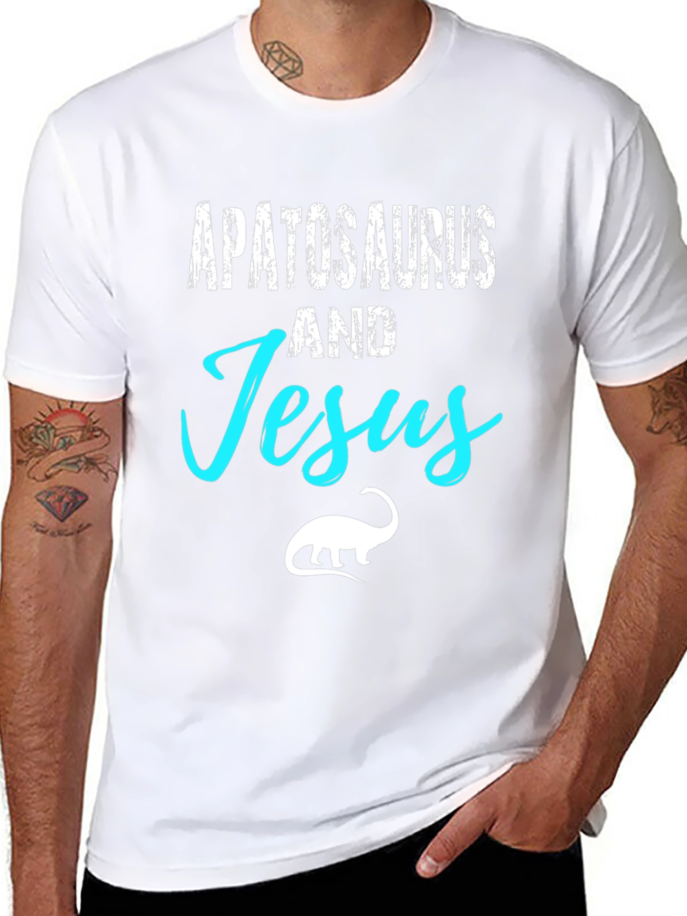 Black Apatosaurus and Jesus Black Graphic T-Shirt view 8