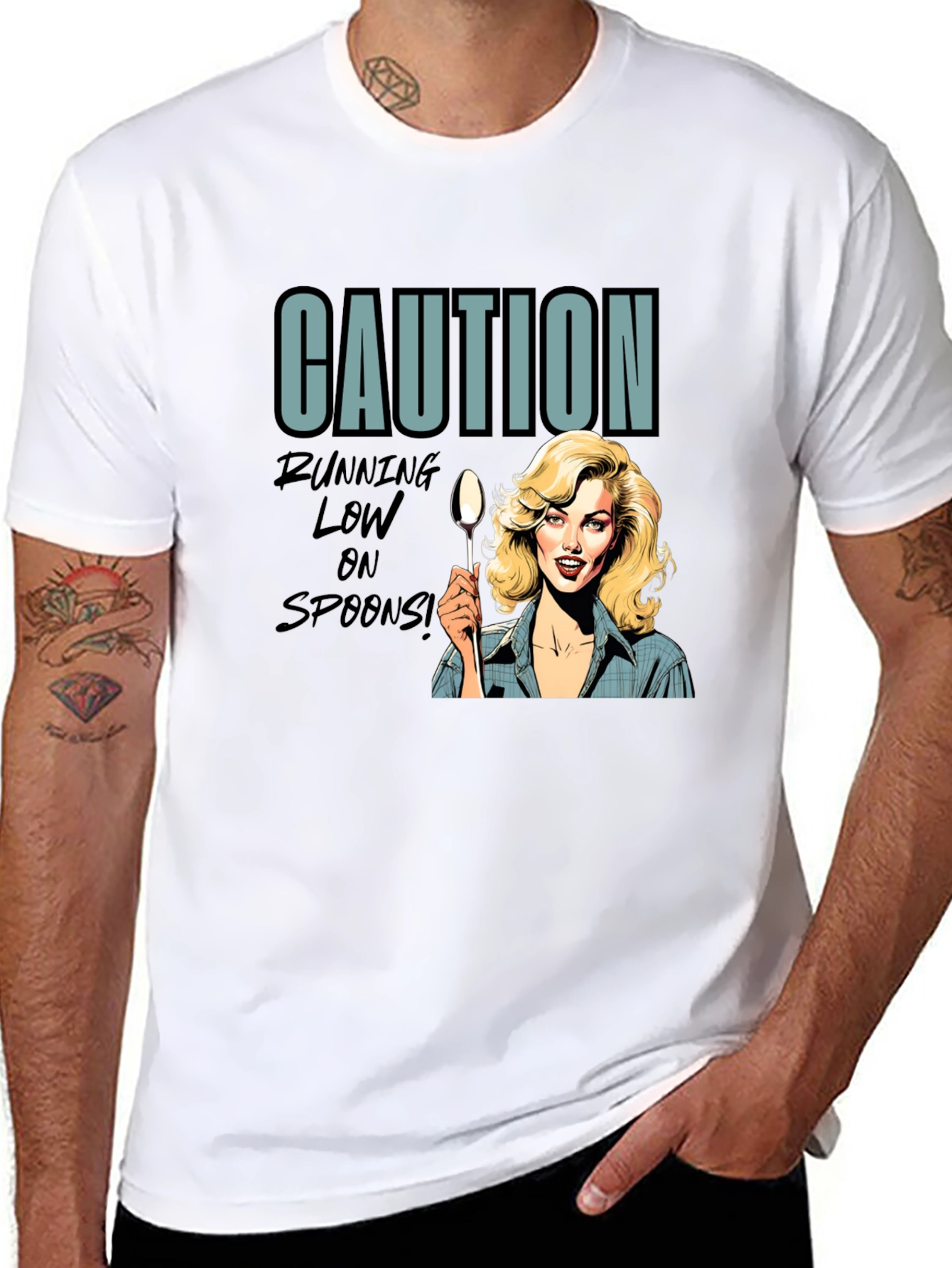 Black Caution Running Low On Spoons T-Shirt view 8