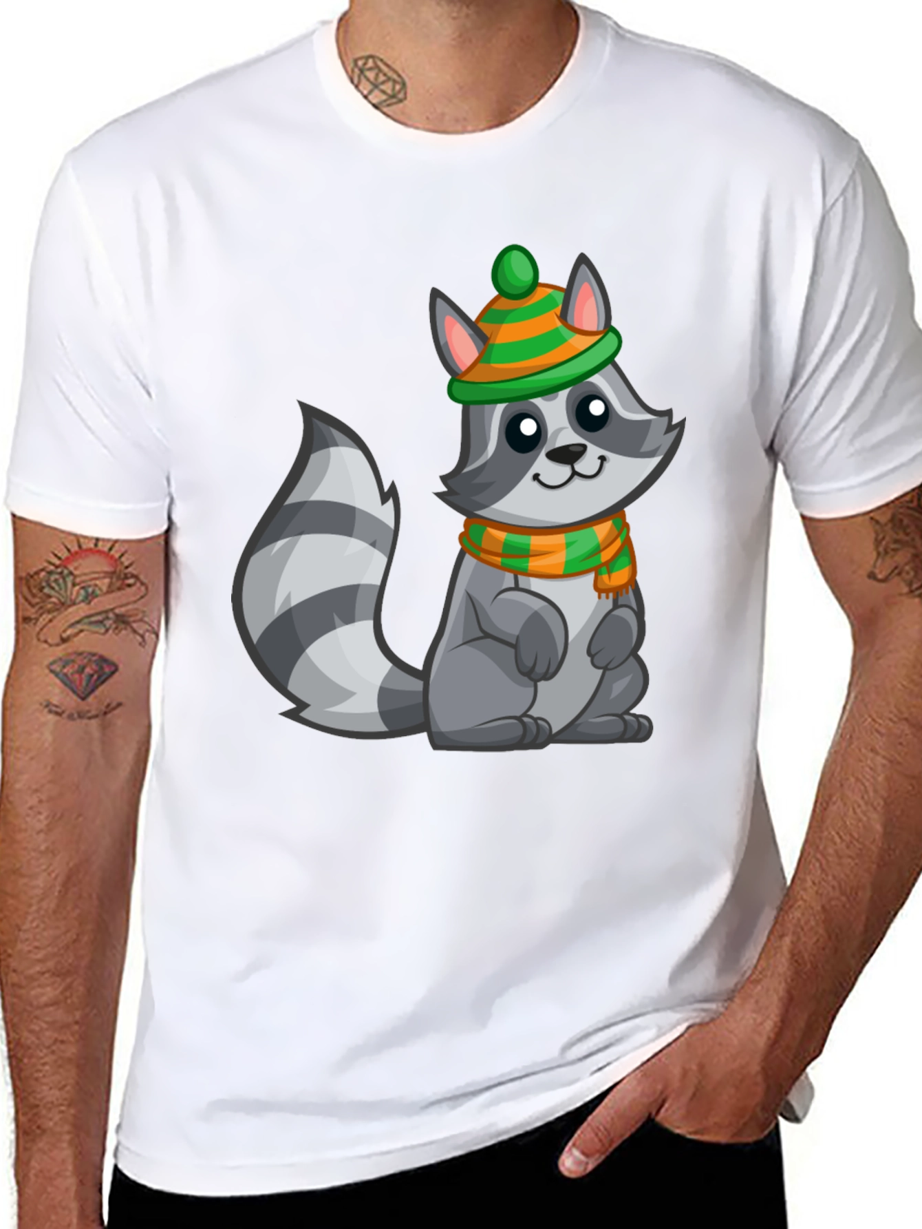 Black Cute Raccoon T-Shirt with Winter Hat and Scarf - Unisex Tee view 8