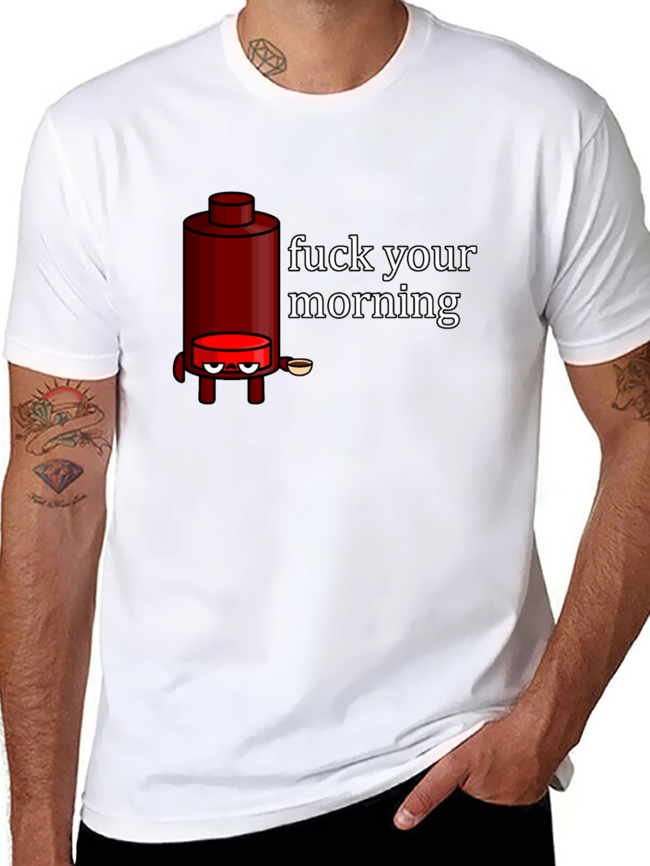 Black Funny Coffee Maker Graphic T-Shirt - "Fuck Your Morning" view 8