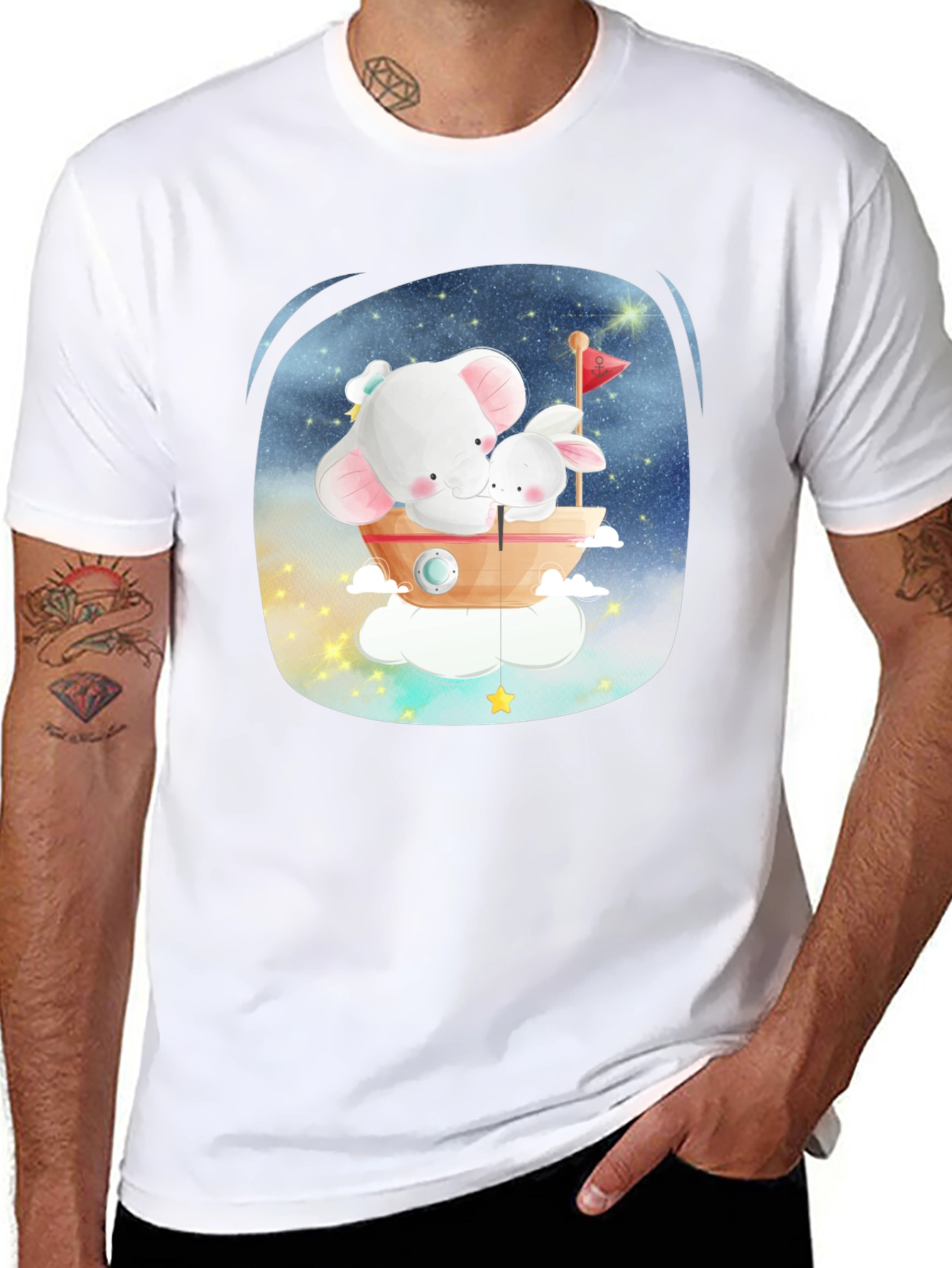 Black Cute Elephant & Bunny T-Shirt - Dreamy Design view 8