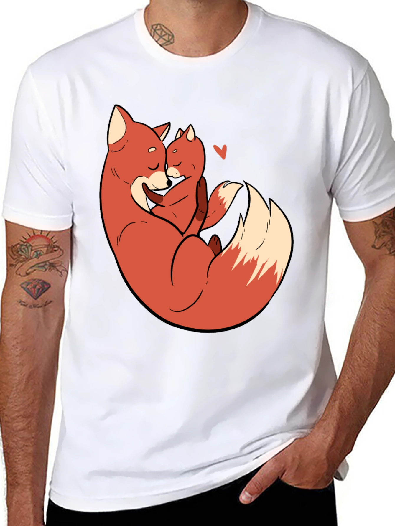 Black Fox Mom & Cub Love T-Shirt - Black, Cartoon Design view 8