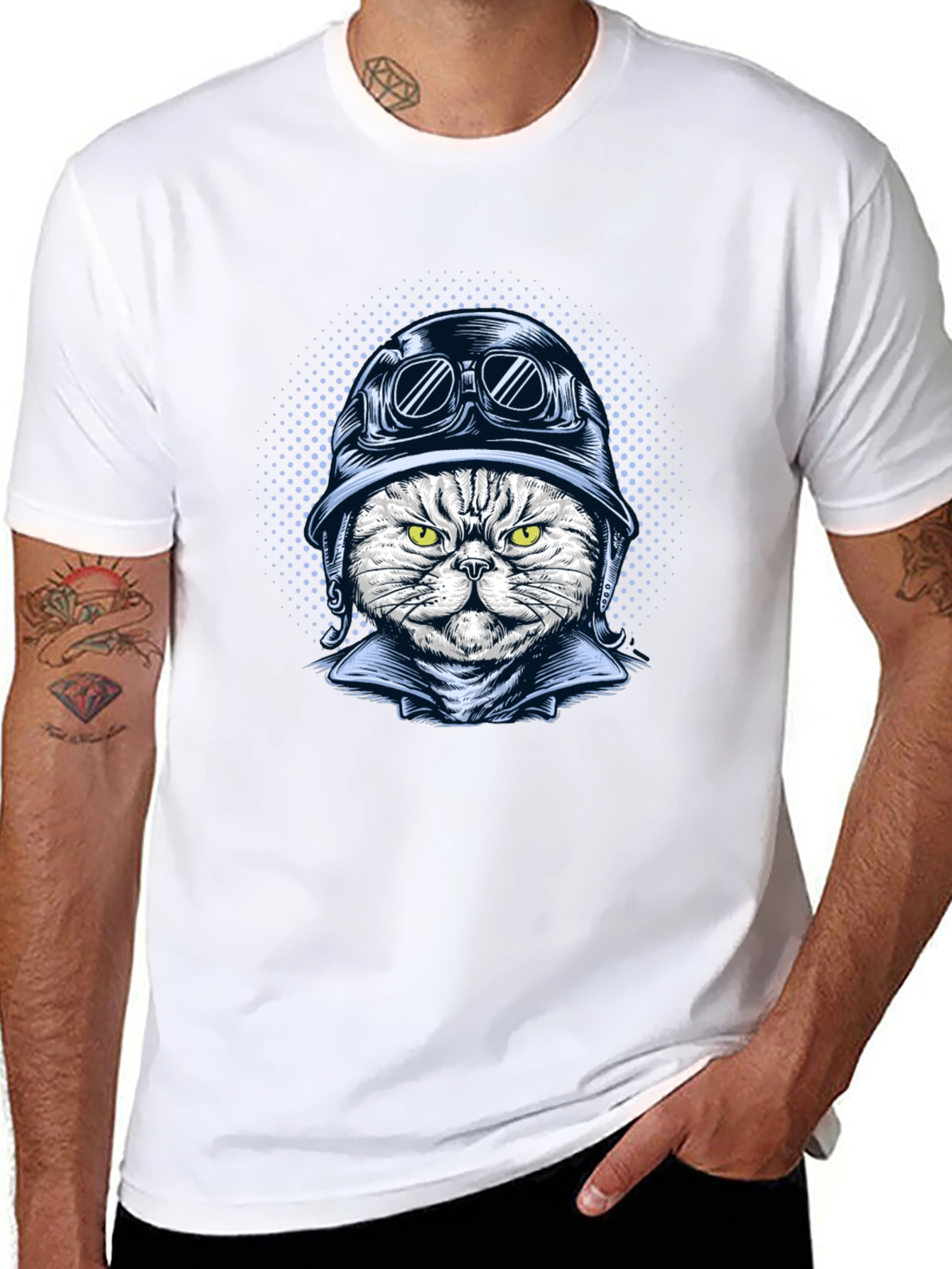 Black Cool Cat Biker Graphic T-Shirt - Black Cotton Tee view 8