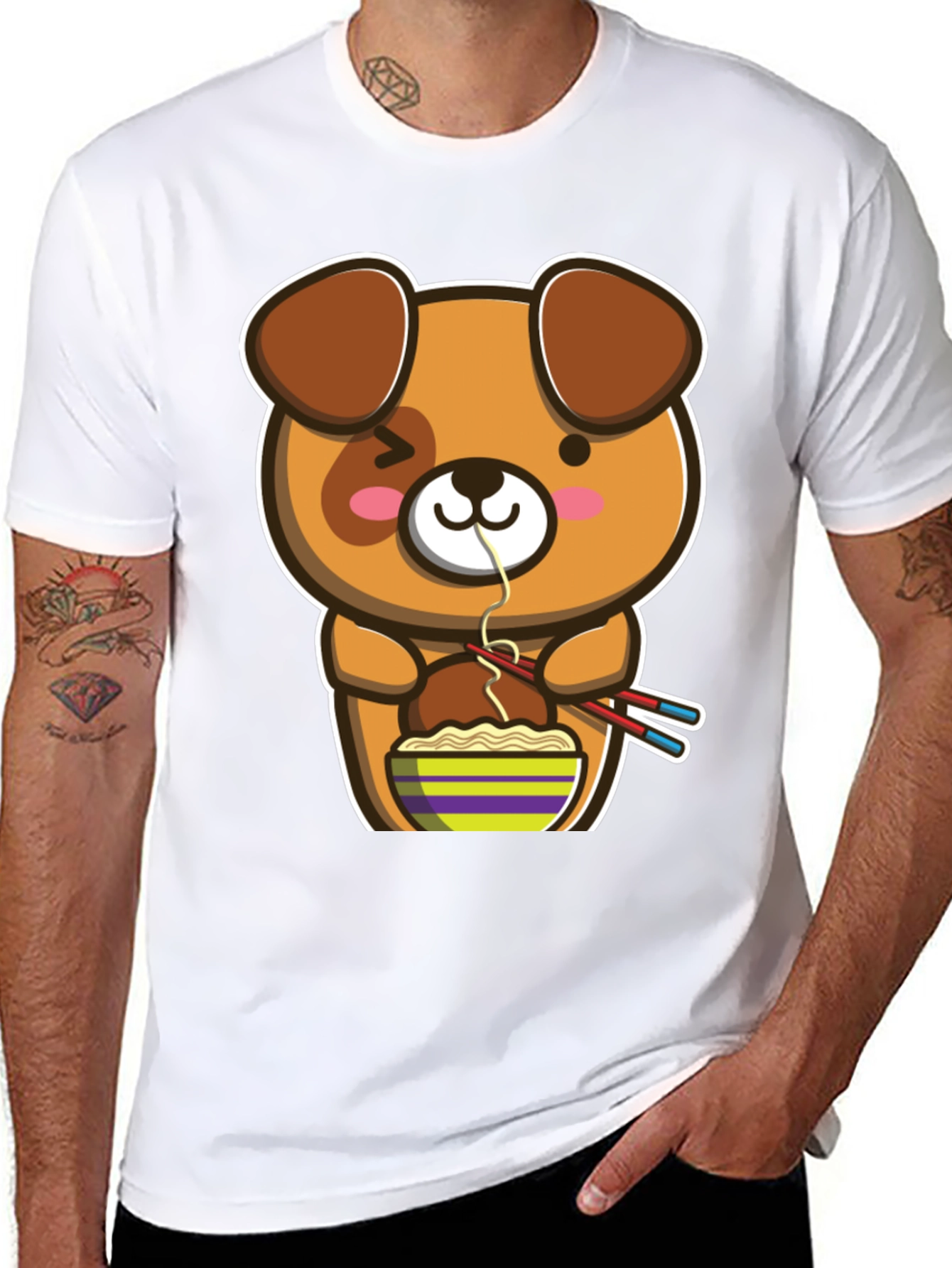 Black Cute Cartoon Dog Ramen T-Shirt view 8